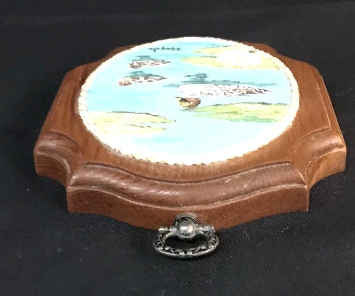 Miniature Wooden Signed Mama And Babies Duck Painting 4 1/2 X 5 1/2″