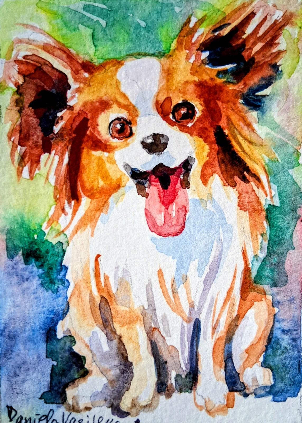 Pappilon dog pet art,original watercolor painting,dog lover gift ACEO 2.5×3.5″