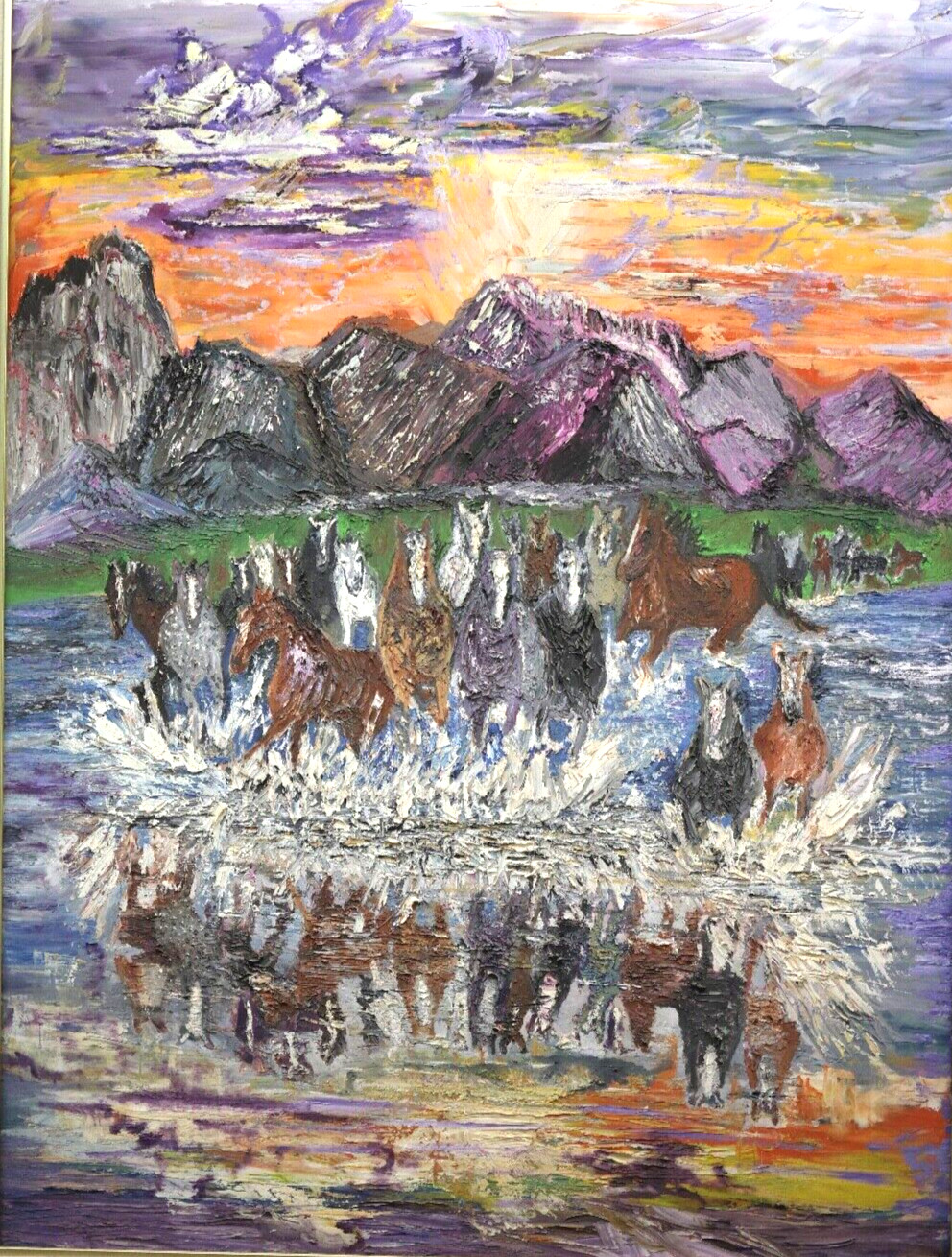Original von Wening Original oil painting Horses charging Wyoming Grand Tetons