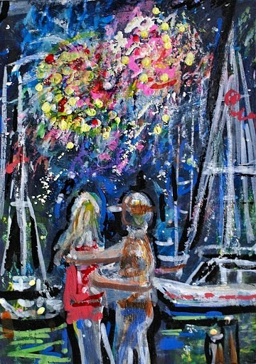 ACEO Original Painting FIREWORKS Love Summer Pier Marina Ocean Boat Bay ATC ART