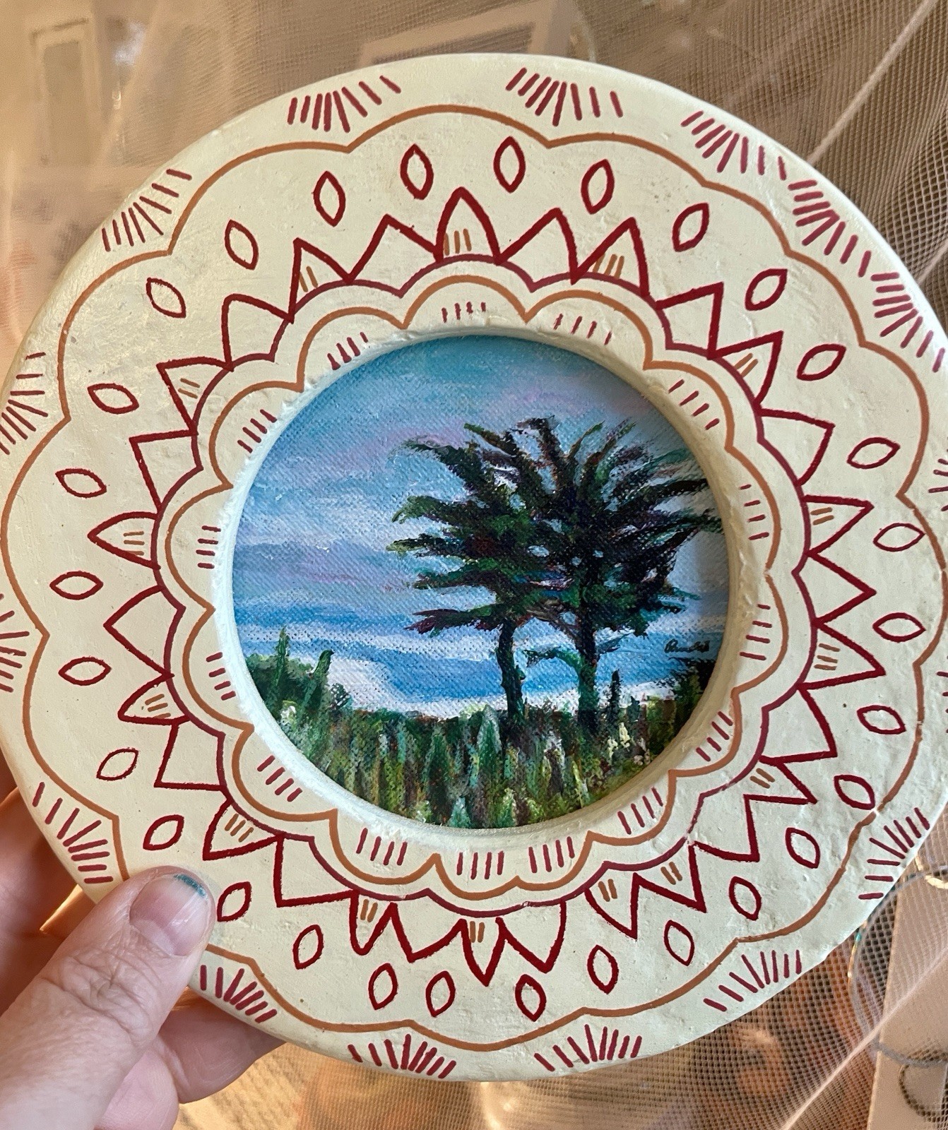 California Cypress Tree Painting Framed Round Coastal Landscape Wall Art