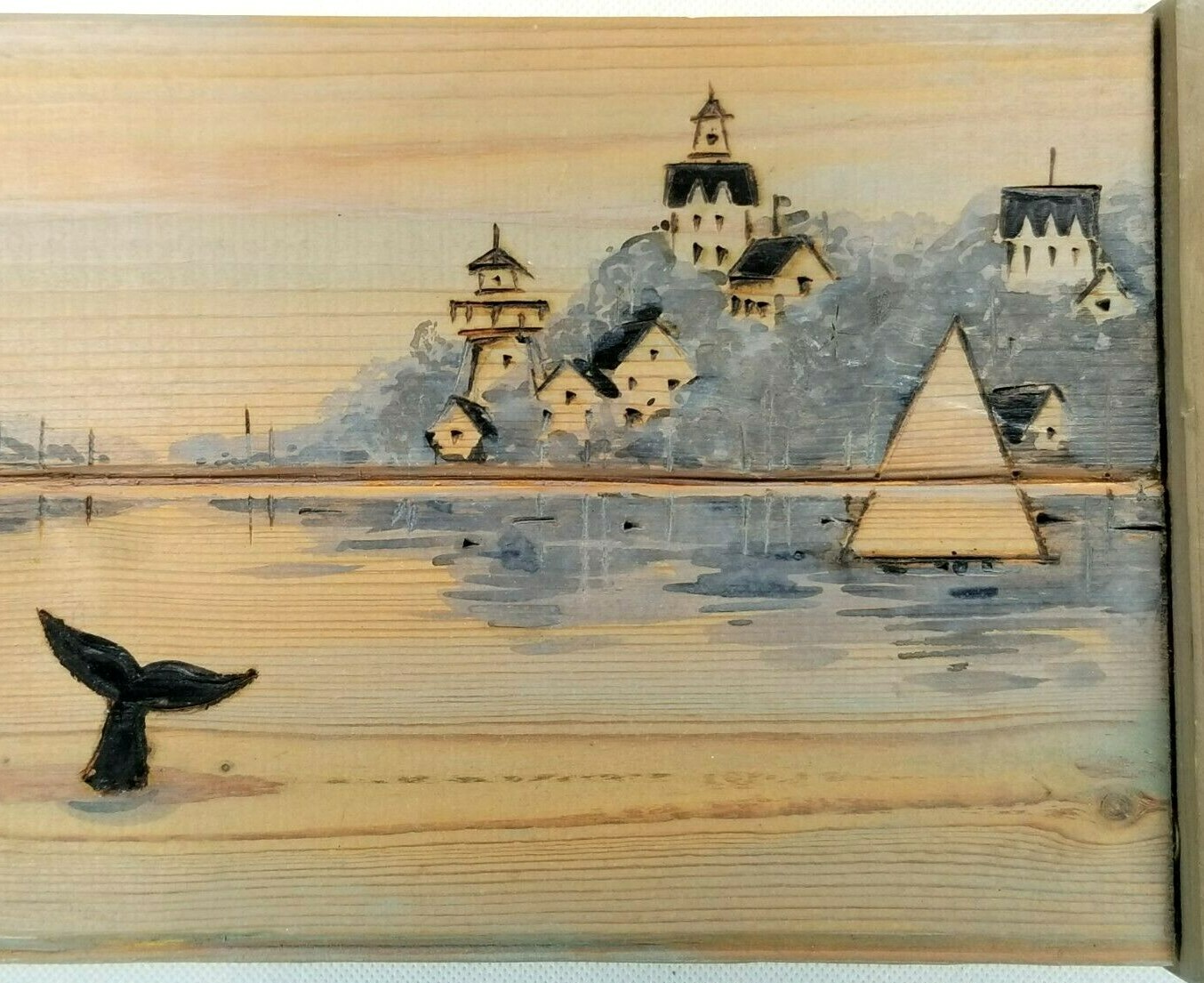 Fine American Folk Art Thom Cassotta harbor view wood painted & Burned Technique