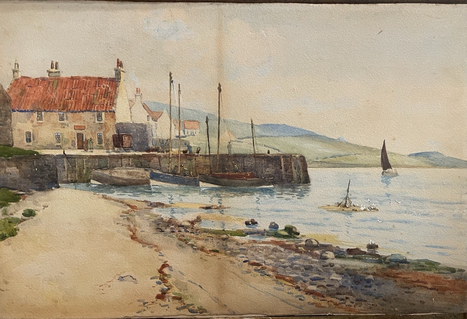 1800s JAMES McCLURE & SON GALLERY WATERCOLOR PAINTING of SCOTISH FISHING VILLAGE