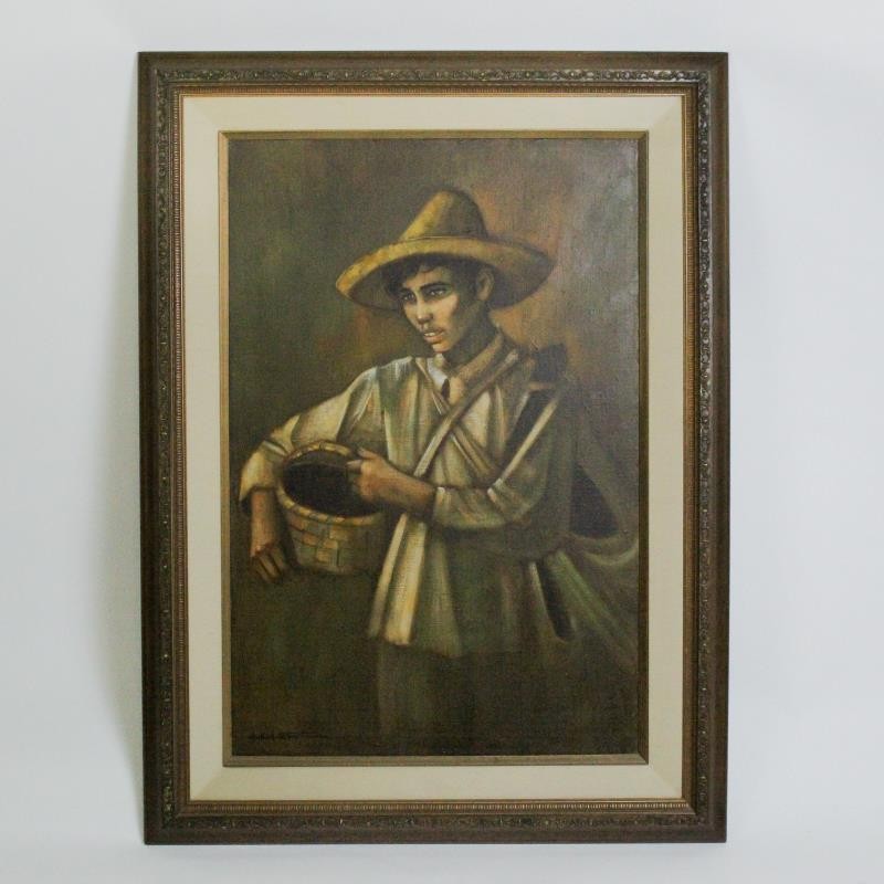 Original Framed Chuck Oberstein Oil Painting Hispanic Man in Sombrero 34″x45.5″