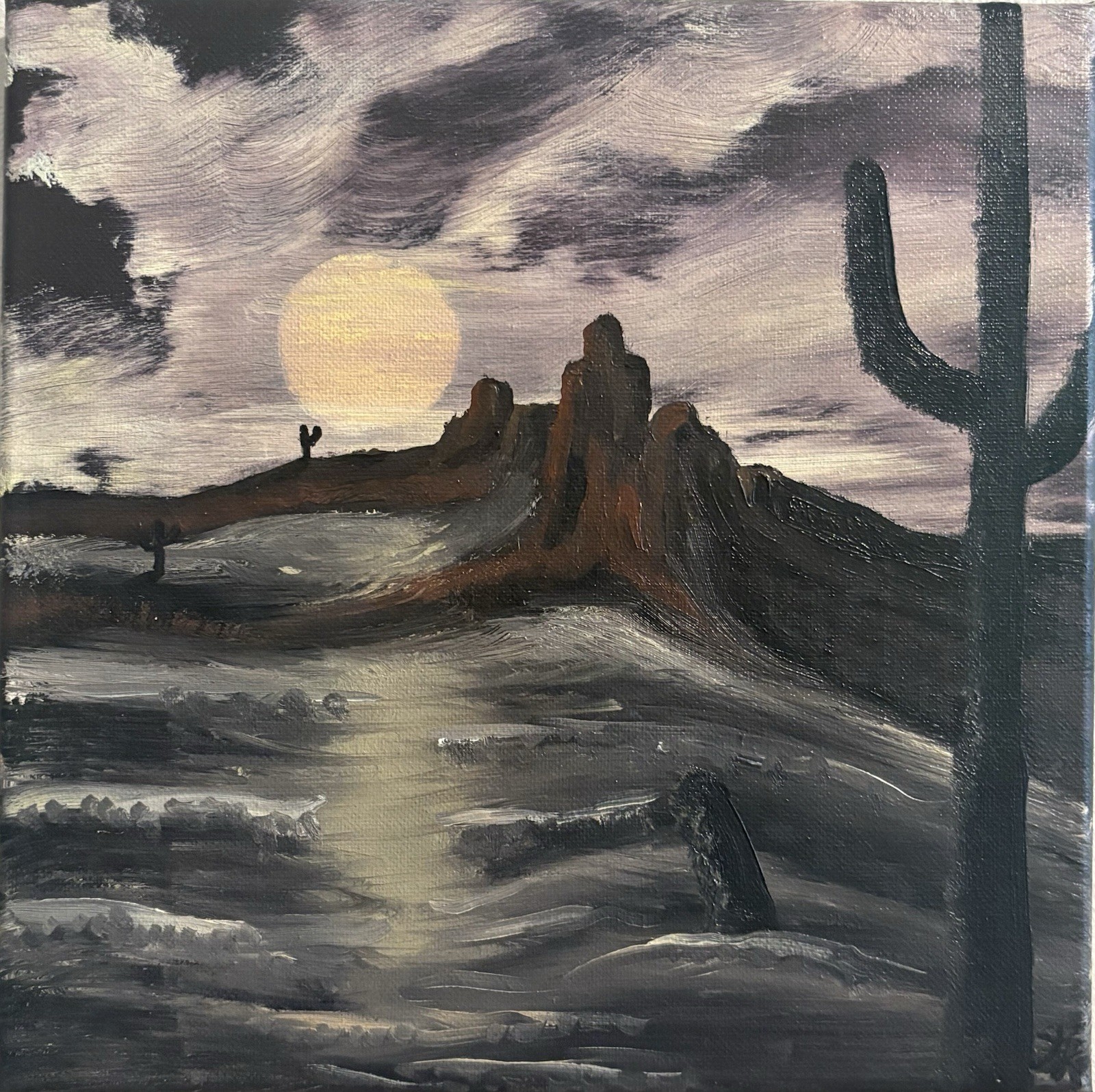 Painting on Canvas, Desert Moon Cactus Landscape, Realism, oil , Original