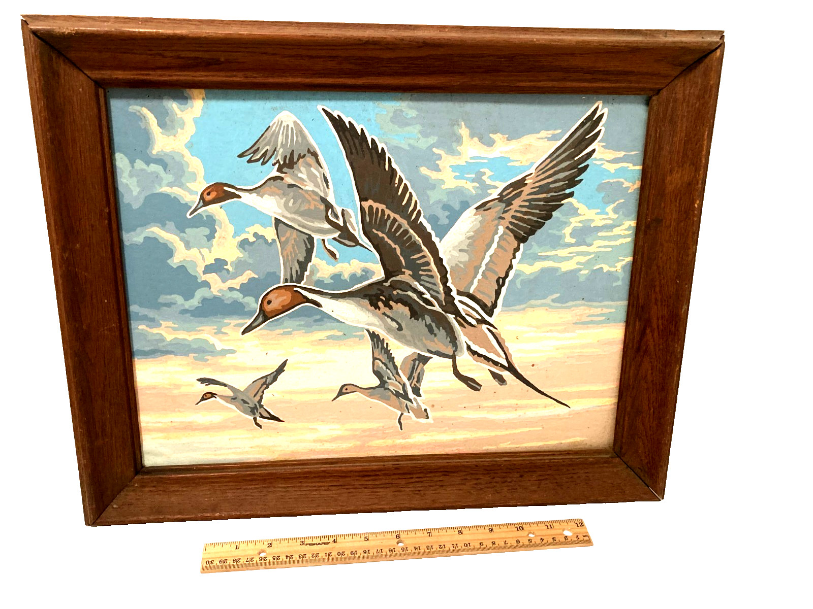 Vtg MCM PBN Hand Paint by Number Northern Pintail Flying Ducks Framed 18.75″x15″