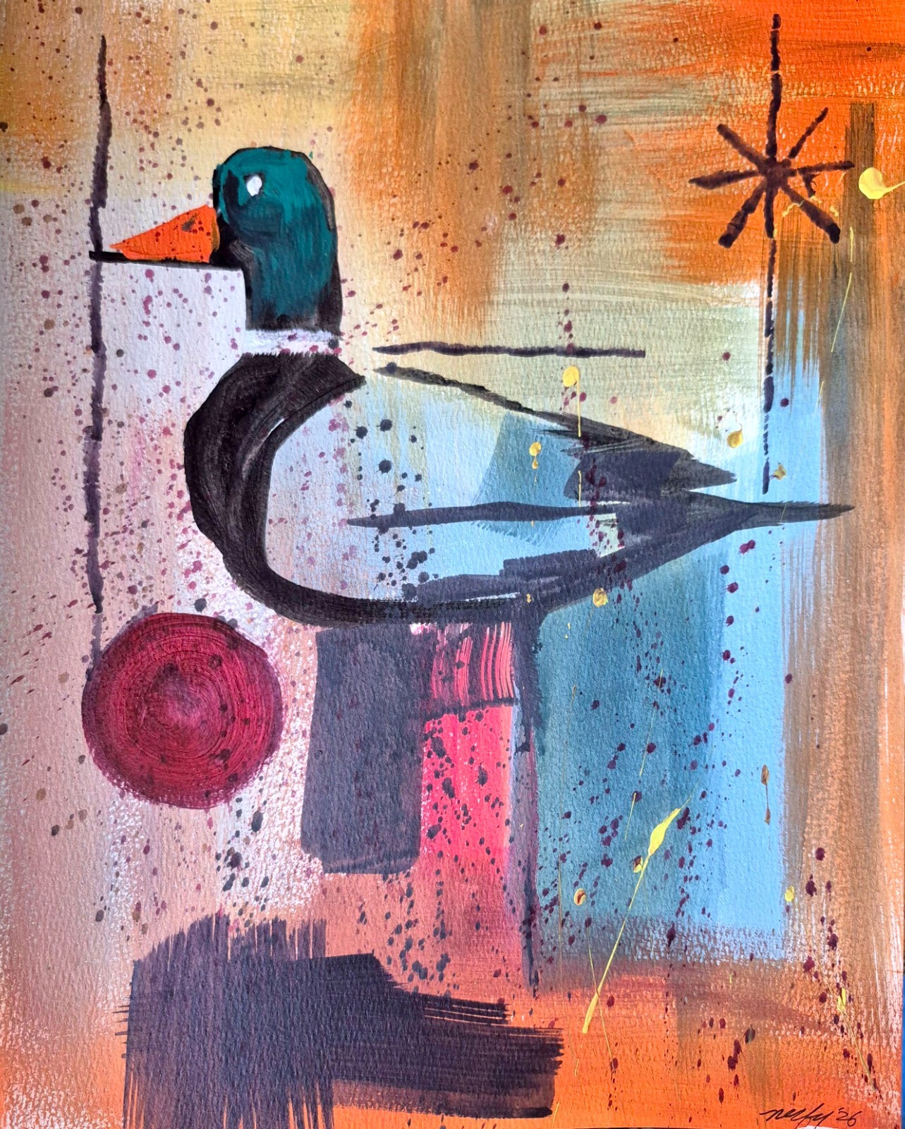 Original Hand Painted 11×14 Bird Abstract Acrylic Signed Bright Wall Art P170