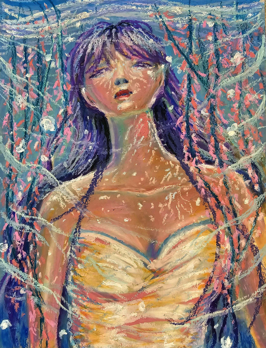 Original OOAK Surreal Underwater Woman 9×12 Oil Pastel Painting by Jo Luizen
