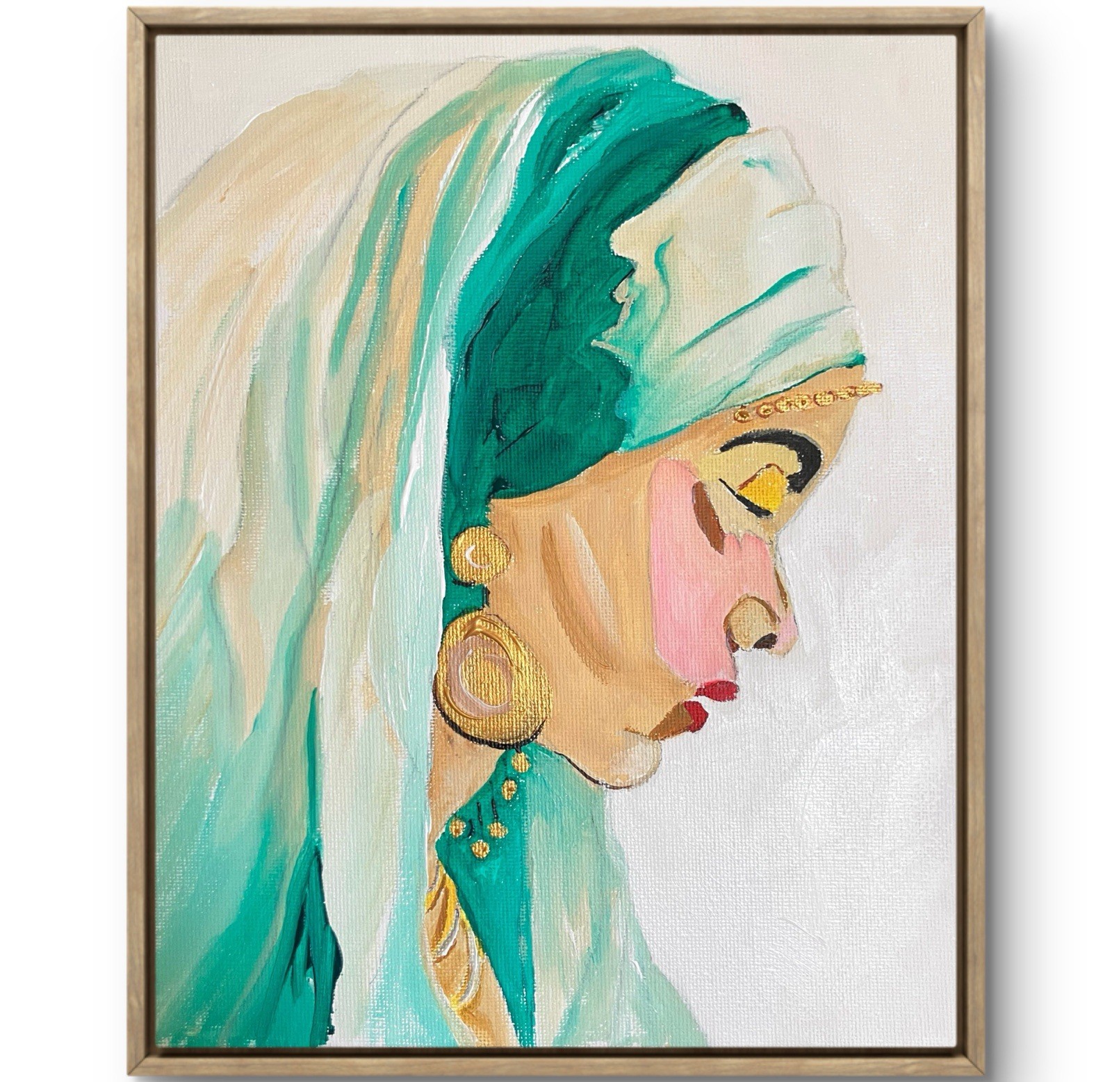 TITA PAINTZ Woman Portrait Hand Painted Teal Gold Neutral Wall Art 8×10 Canvas