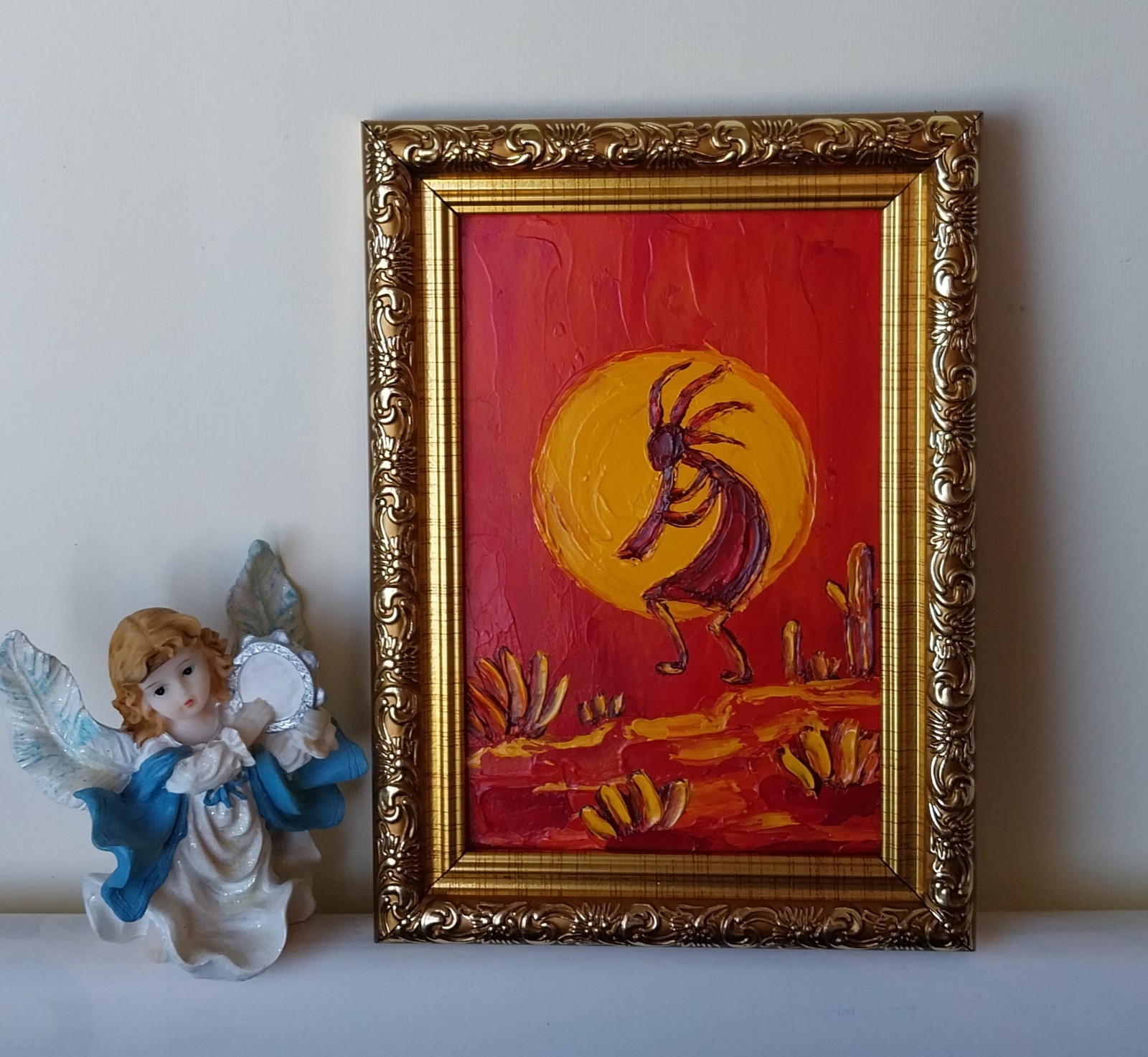 Framed Kokopelli Art Native American Southwest Art 4×6 in Original Oil Painting