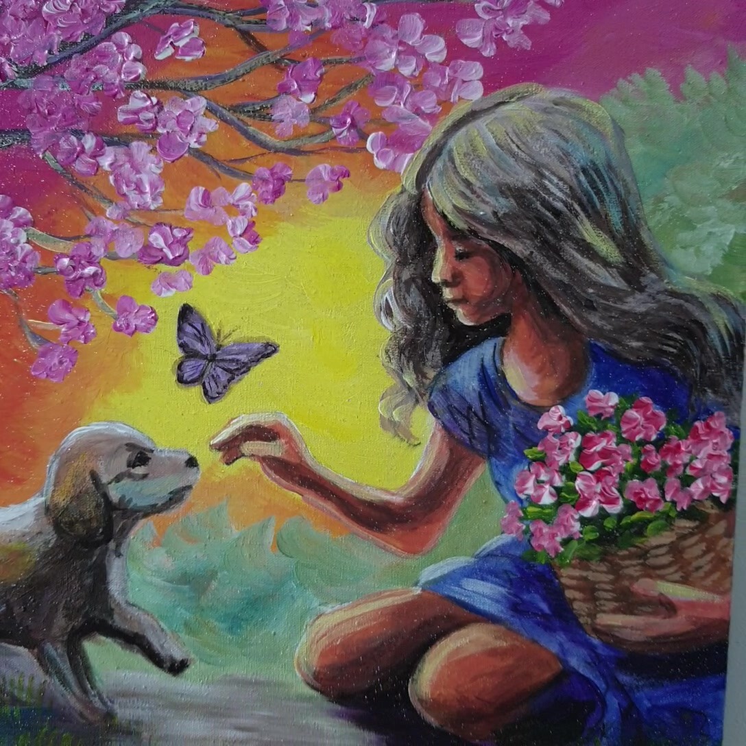 Painting Spring Bloom Puppy Signed Wall Art Decor Gift Original Ukrainian Artist