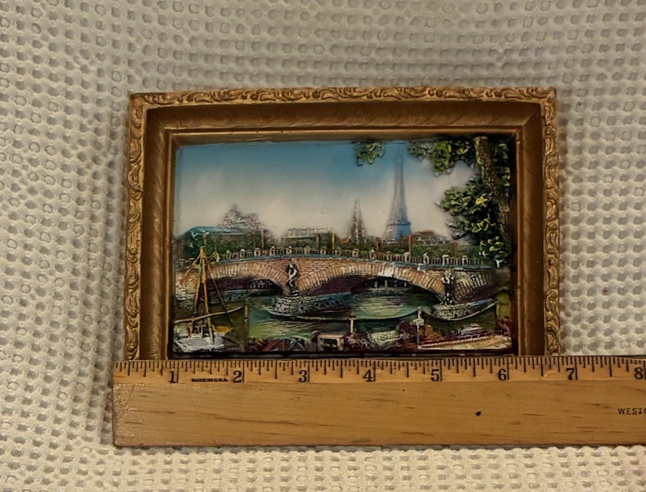 3D Painted resin &plaster relief gold “frame” Seine river Eiffel Tower Paris 5×7