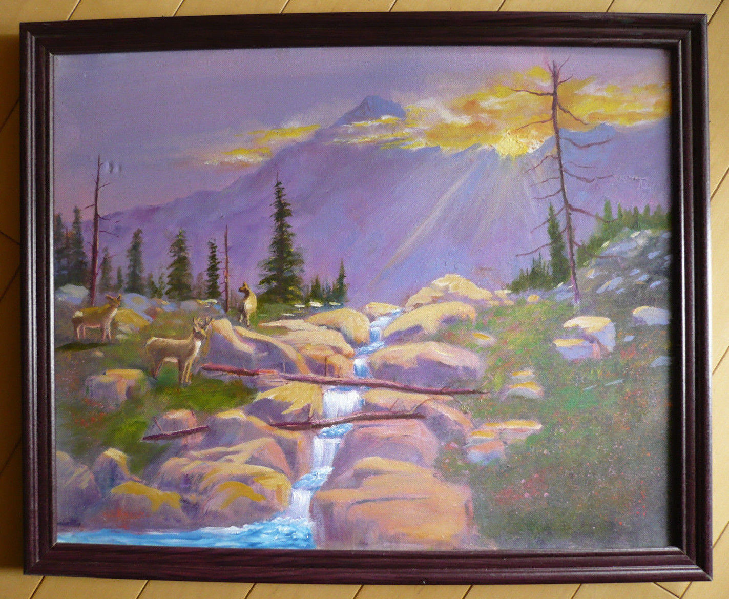 W.E. KNIGHT, Vintage OIL LUMINOUS WESTERN LANDSCAPE w/ DEER and RIVER MOUNTAIN