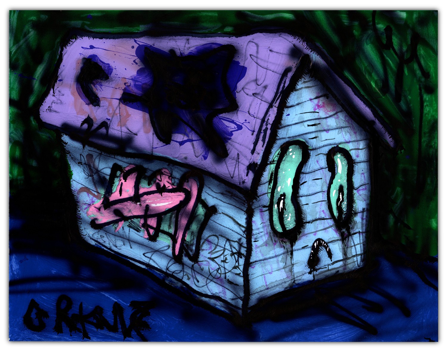 HAPPY GRAVE artist original PAINTING signed horror «CHIPPY THE ANXIETY HOUSE»