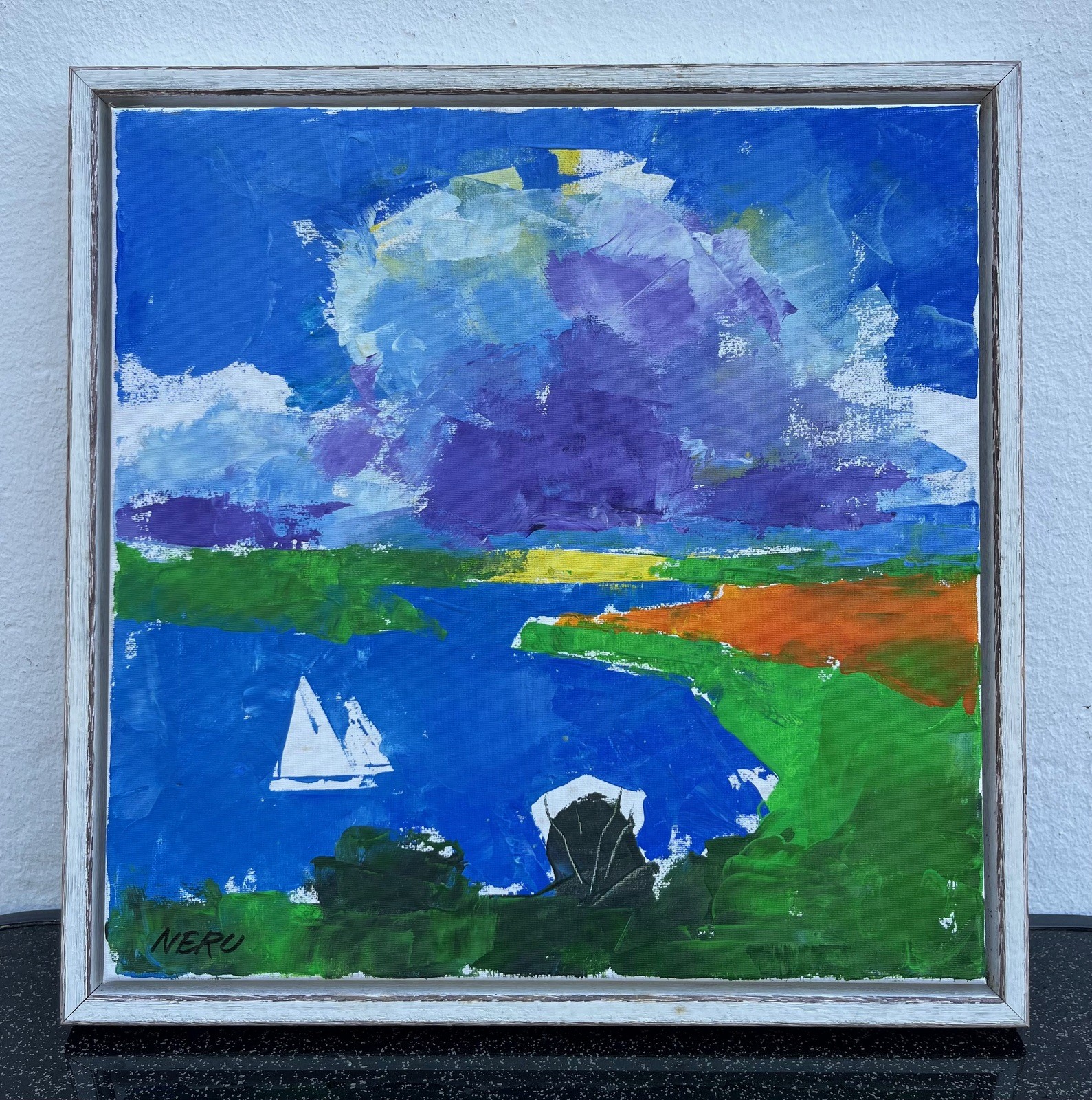 Expressionist Abstract Coastal Landscape with White Sailboat Oil Painting Maritime