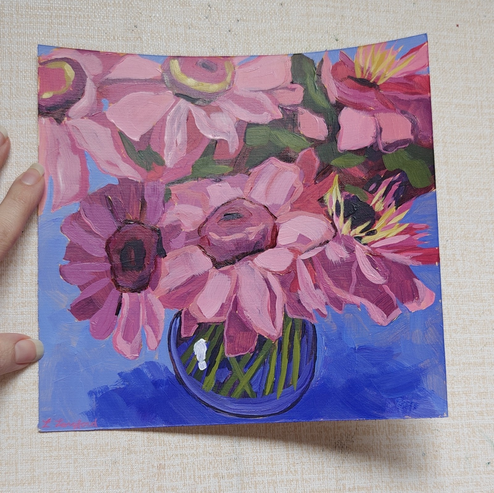 Original Floral Acrylic Painting Laura Langford Zinnia Explosion OOAK Small
