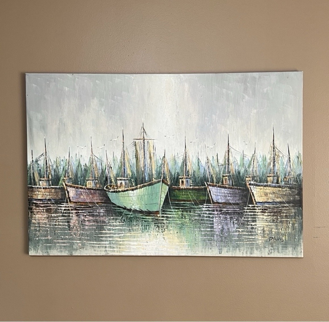 Davis Signed Harbor Boats Nautical Canvas Painting Contemporary