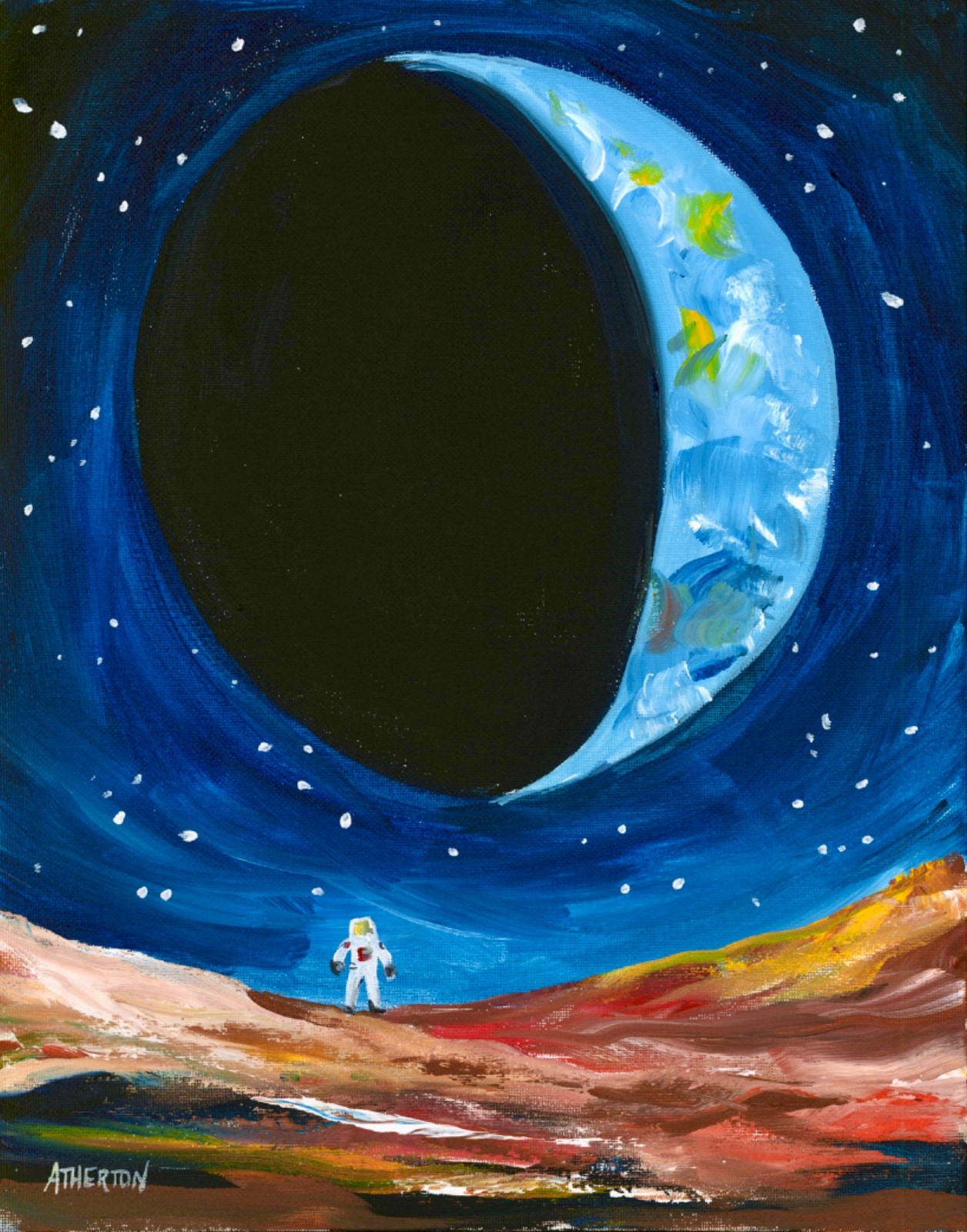 Atherton 11×14 Original Retro Astronaut Rocket Space «Earth waning» hand signed