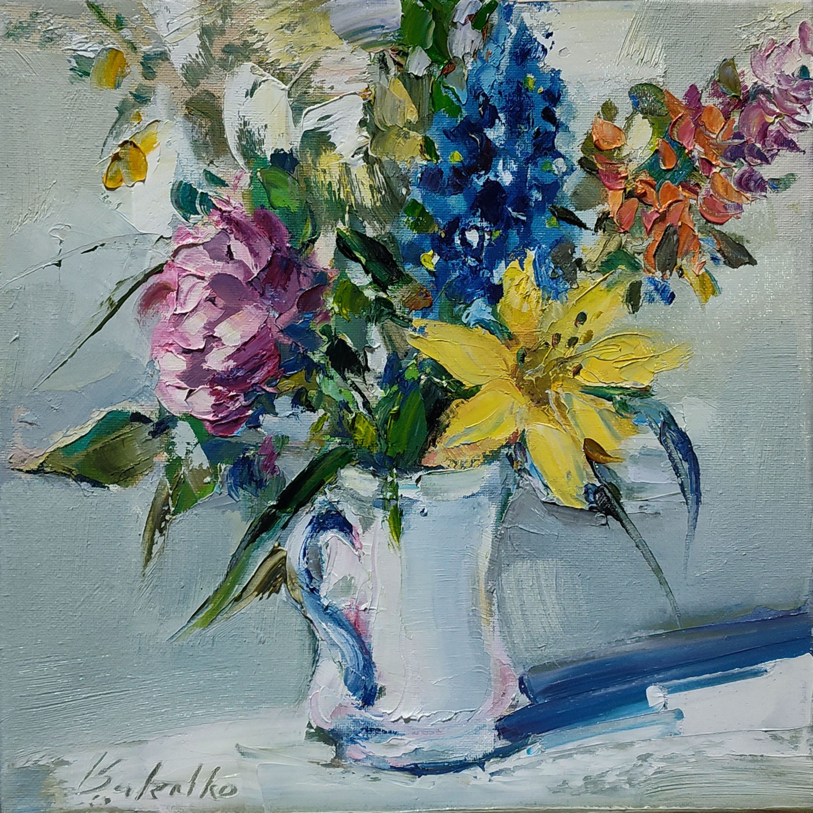 Original oil painting, Flowers, Bouquet, Contemporary art, Still life, Blue