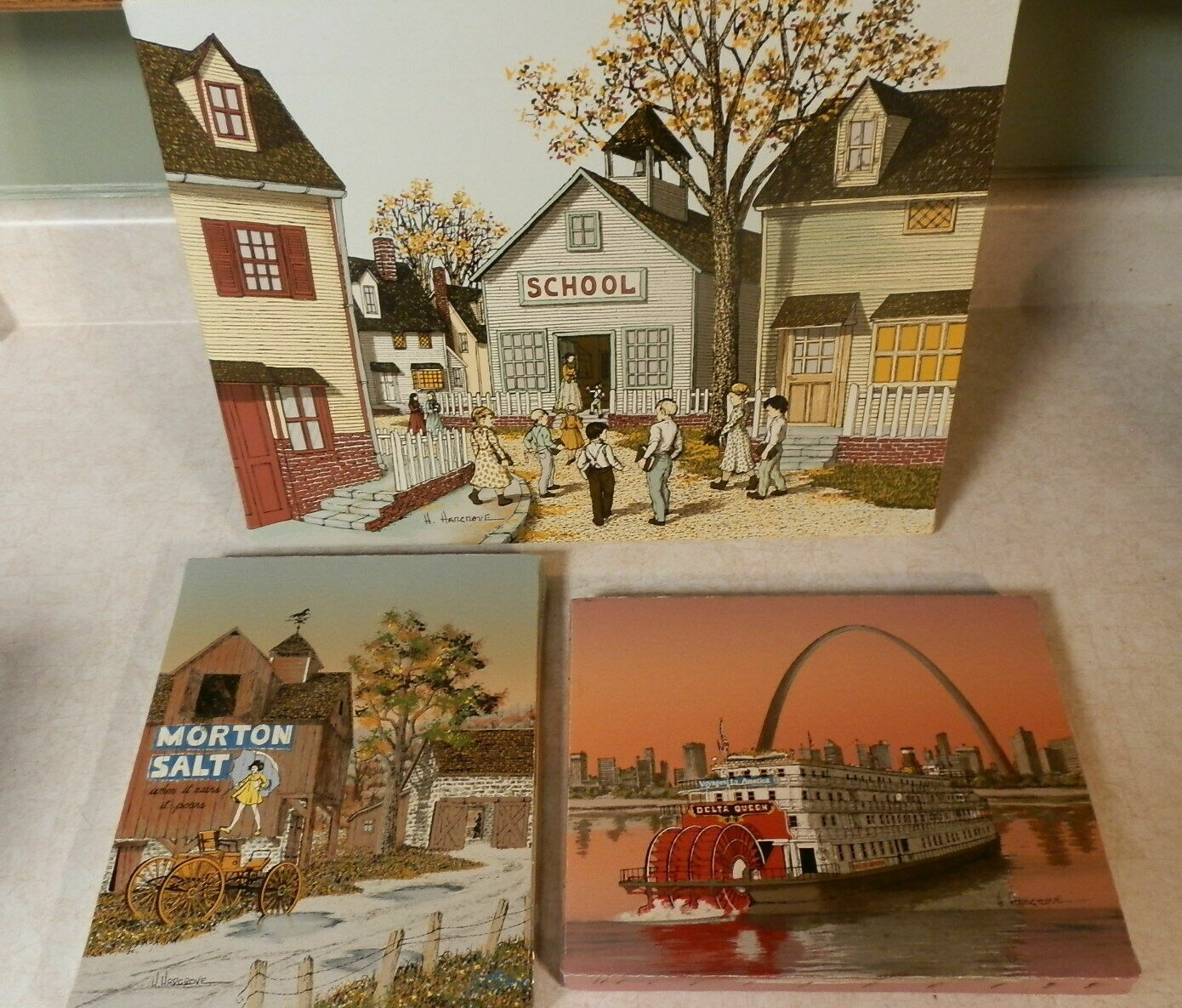 LOT of 3 H. Hargrove Signed Canvas Painting Morton Salt Delta Queen School Scene