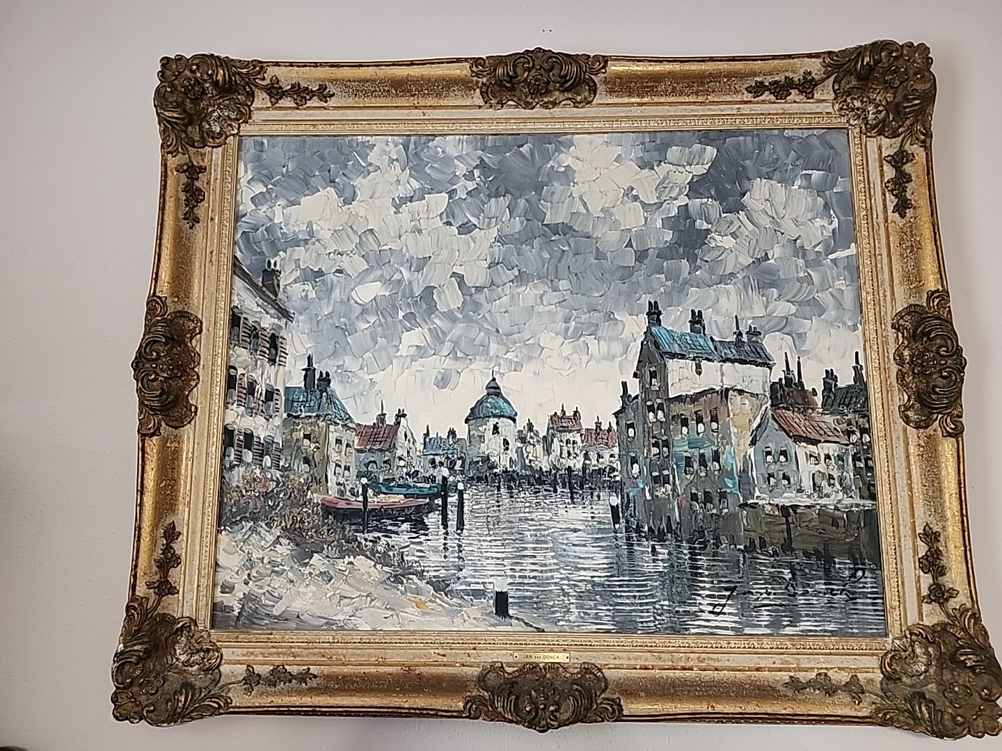Jan Van Donck Dutch Impressionist Harbor View Large Old Oil Painting