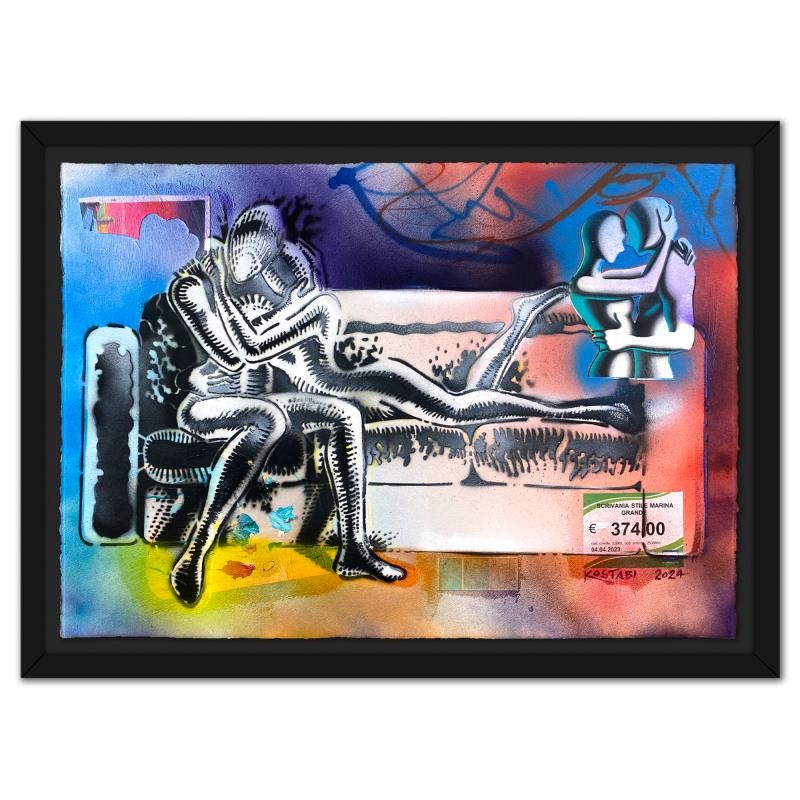 Mark Kostabi «Echoes of Connection» Framed Original Painting Hand Signed