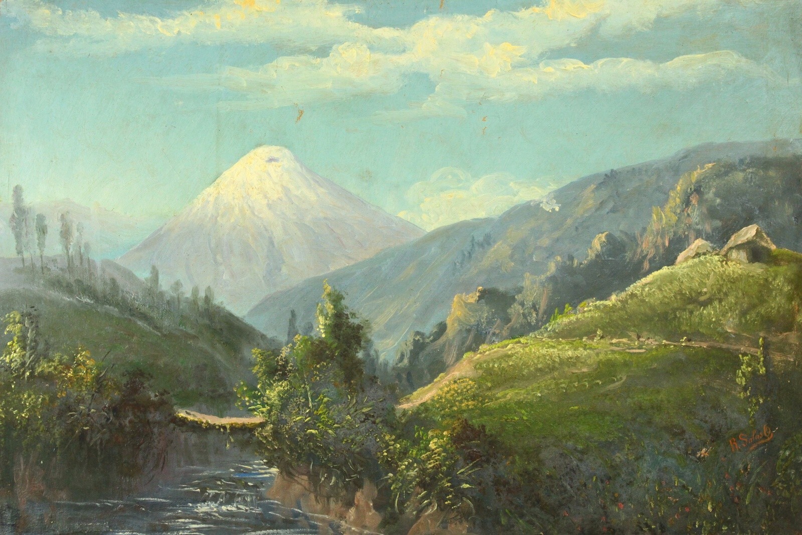 = Rafael Salas (Ecuador, 1826-1906) Oil on Canvas, Extensive Andean Landscape