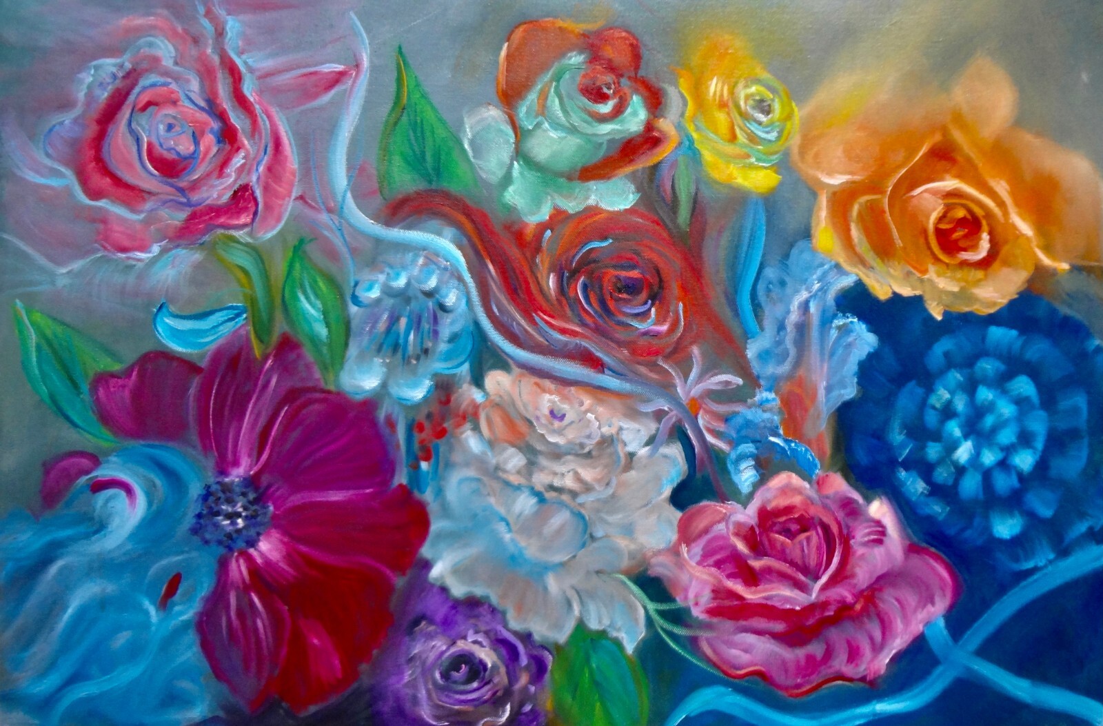 HAWAII ARTIST 24″x36″ «COLORFUL FLORAL COLLAGE» Original Oil One of a Kind
