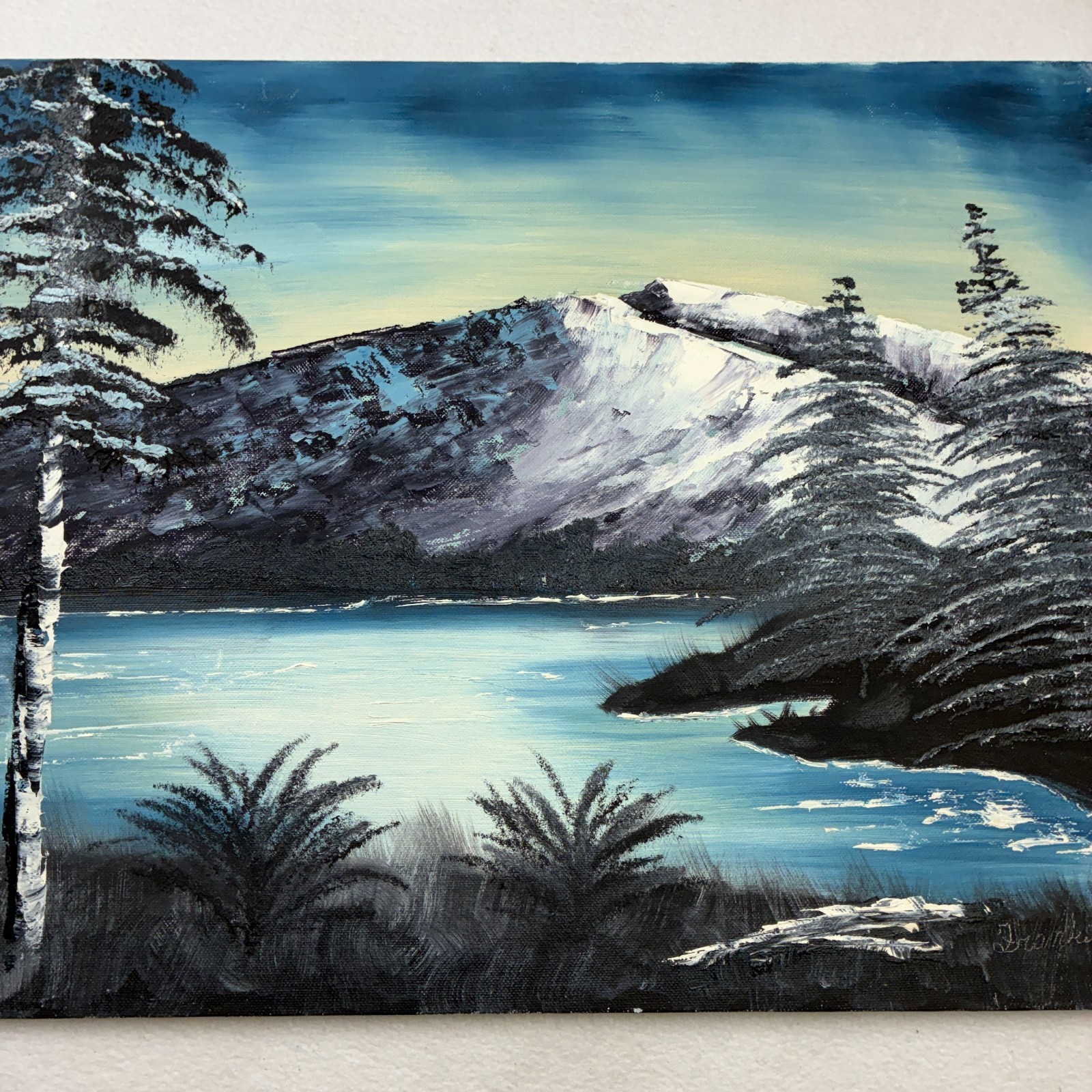 Winter Mountain Lake Original Painted Oil on Canvas Board 20×16 Unframed Signed