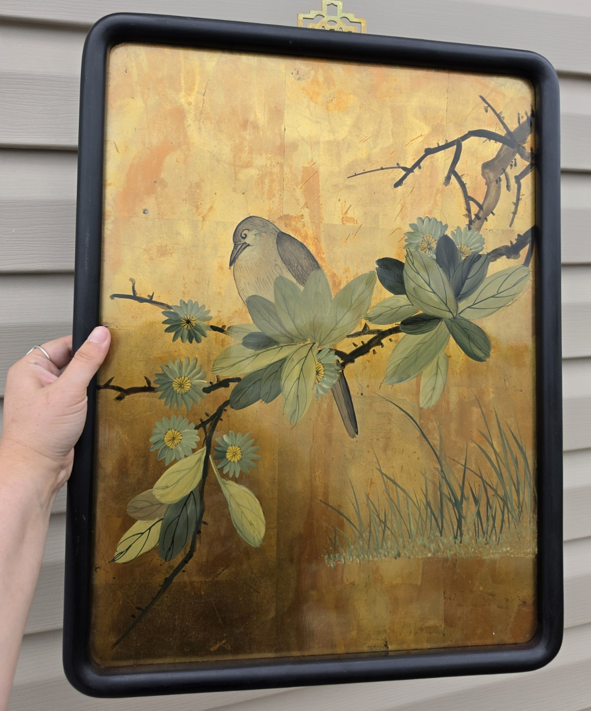 VTG Chinoiserie gold leaf and paint on wood. Bird on Branch with Blue flowers.