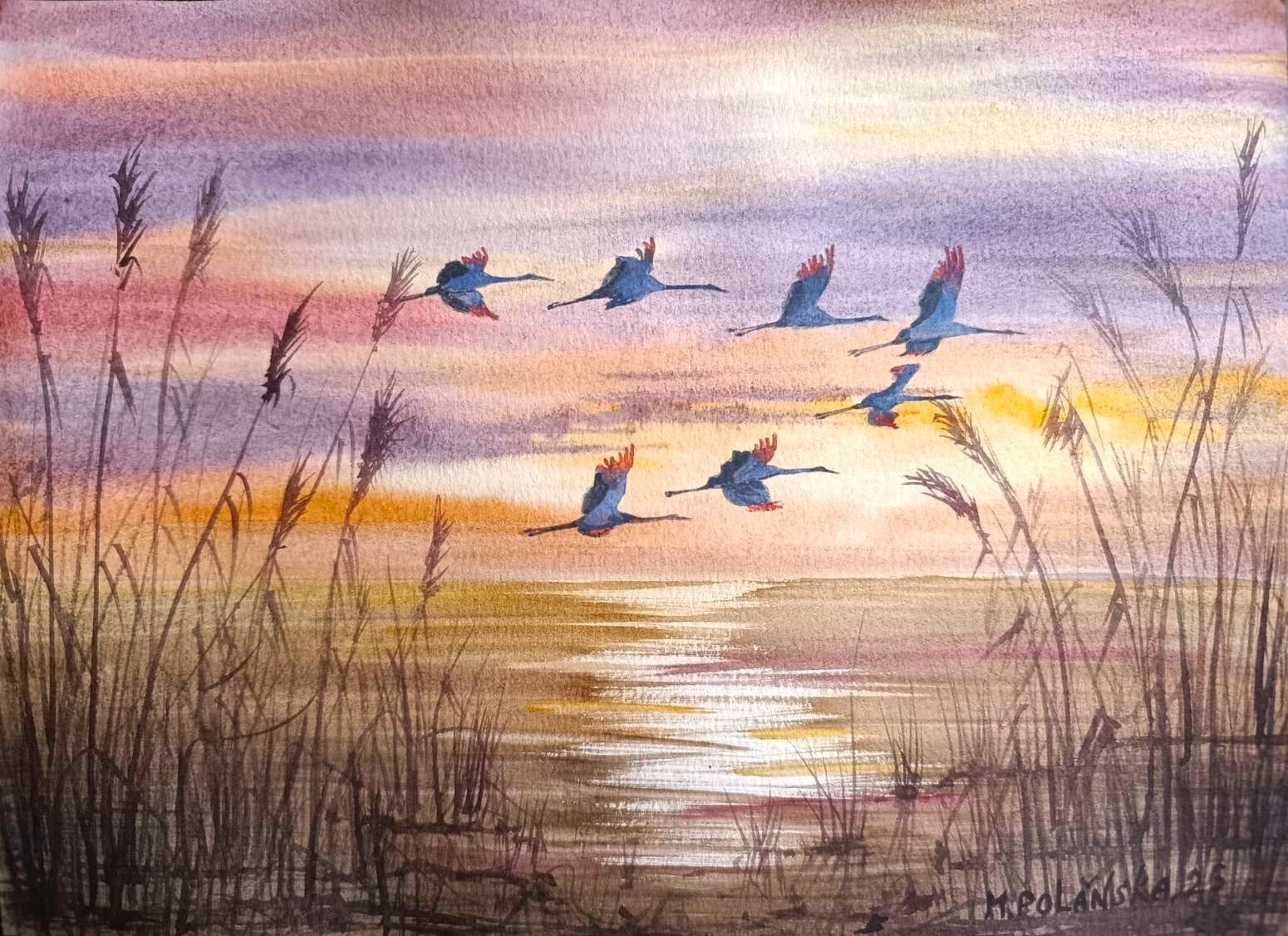 BIRDS BLUE HERONS CLOUDY SKY Original Arts Painting Landscape CRANES Seascape A4
