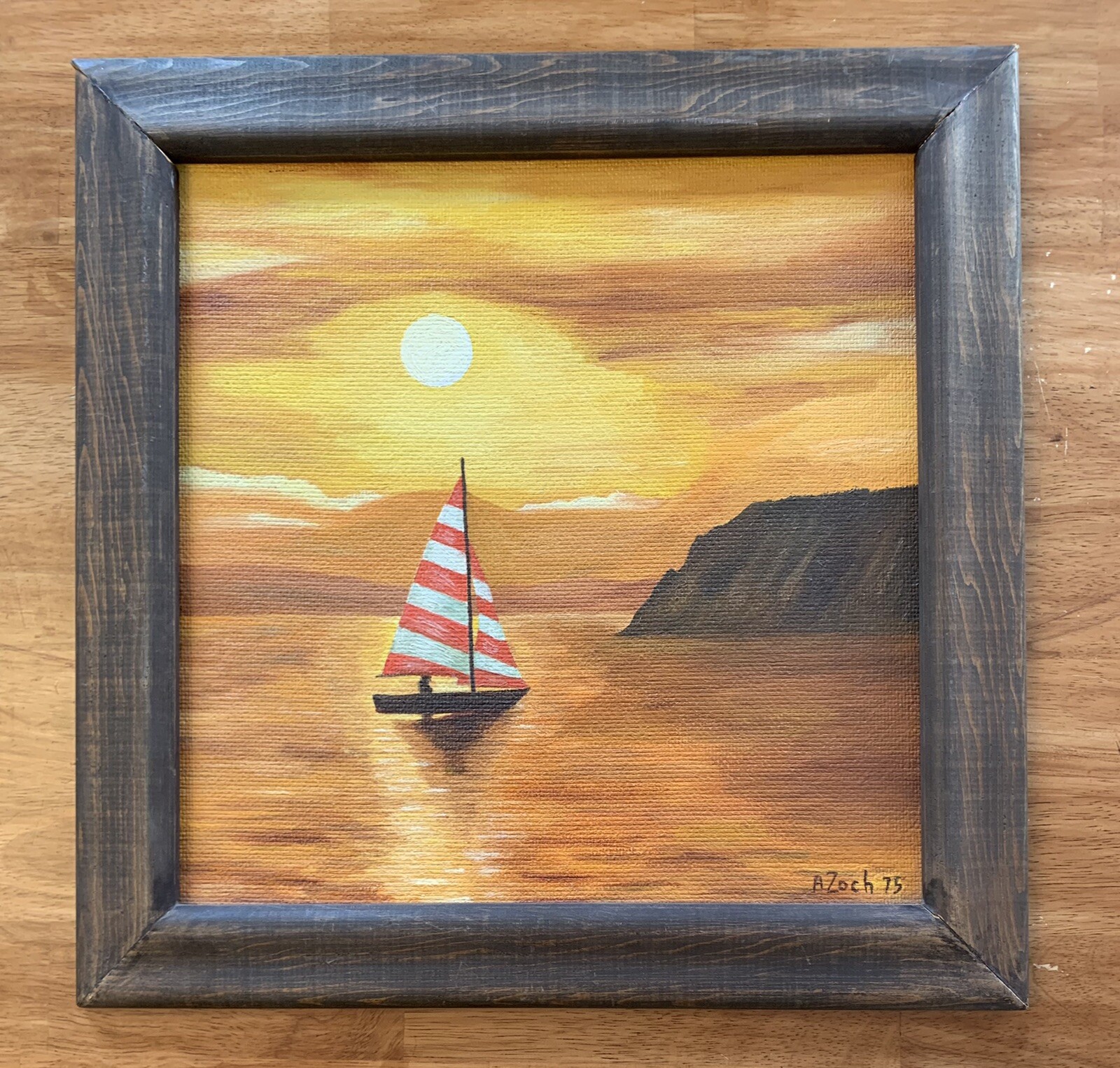Vintage Naive Original Oil on Board Seascape Painting Sailboat Sunset 14.5” Sq