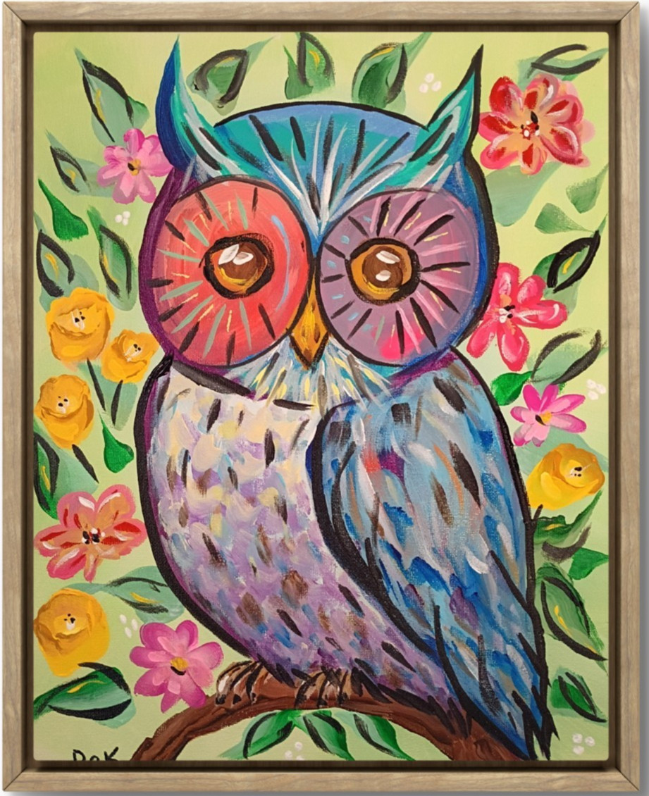 Floral Owl 11×14 Canvas Original Art Expressionism Abstract Night Bird For Kids