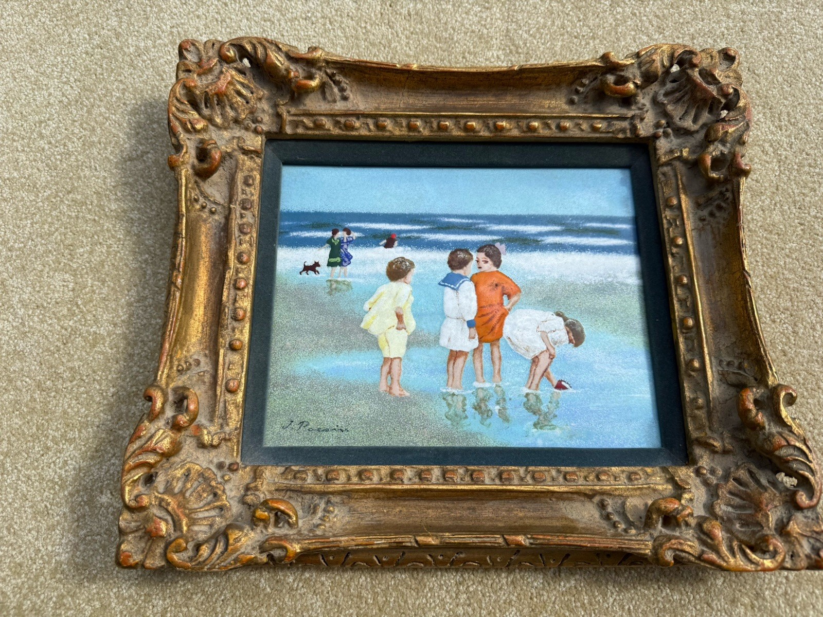 Girls On Summer Beach Signed French Impressionist On Copper Enamel Painting