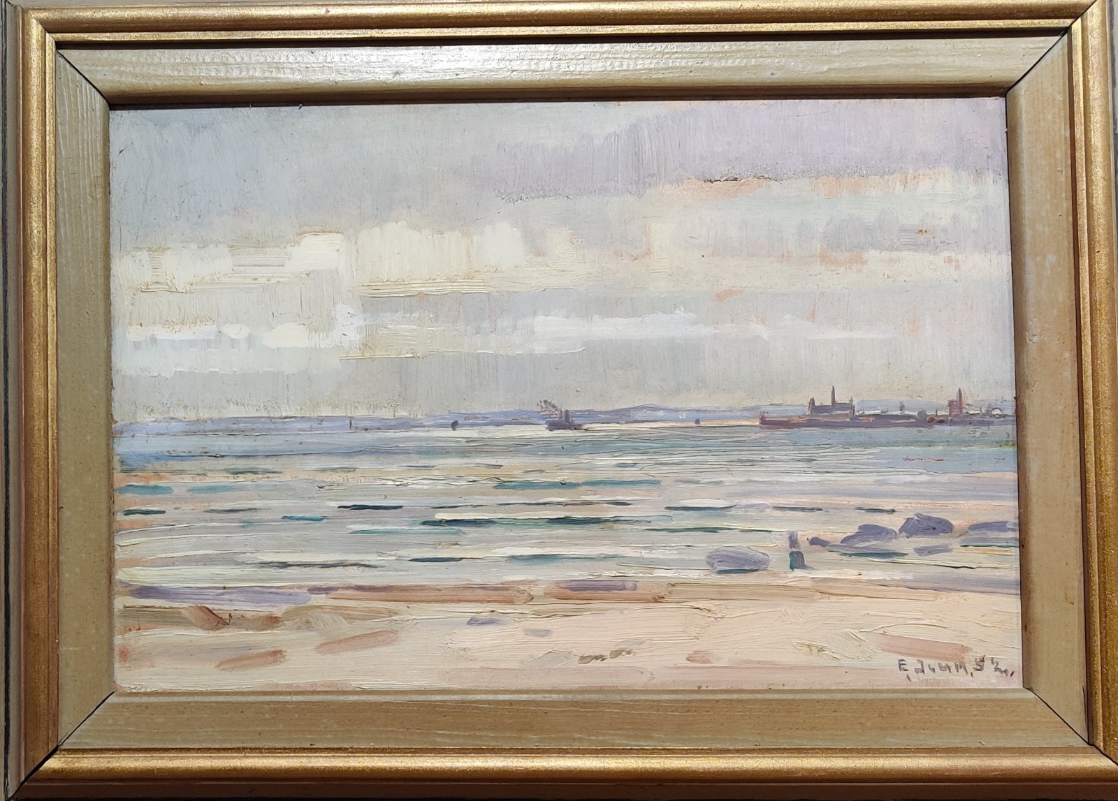 Erik Jean (1894-1970): KRONBORG SEEN FROM SWEDEN, original oil, dated 1952