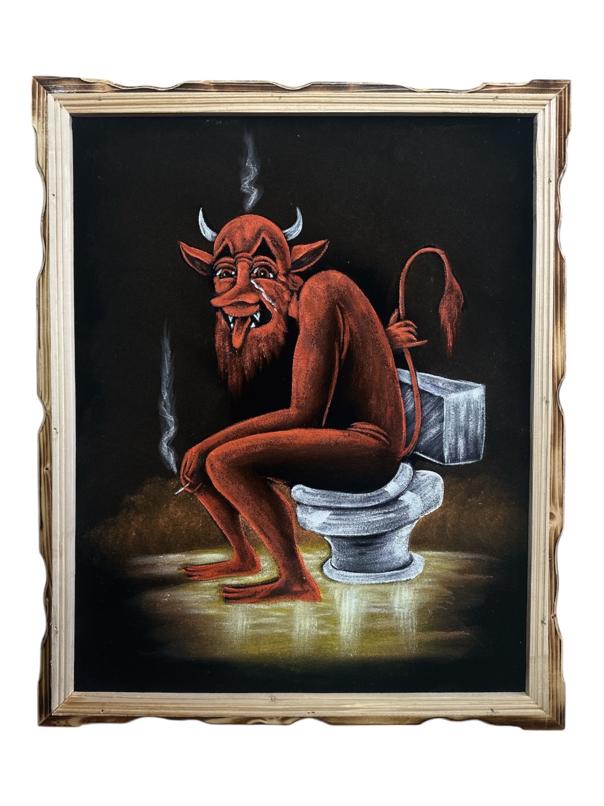 DEVIL ON THE TOILET , 18″X 22″ HAND PAINTED,VELVET PAINTING, VINTAGE, WOOD FRAME