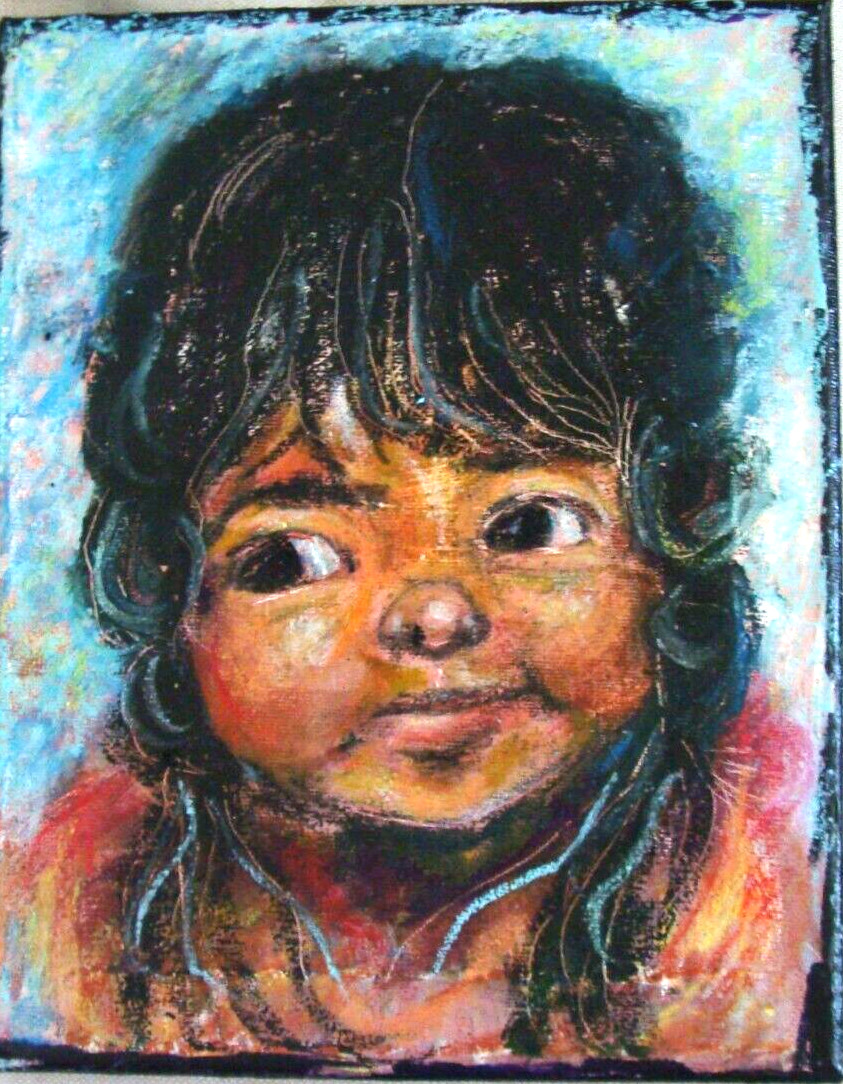 original oil painting little happy childs portrait on canvas 8″ x 10″ signed