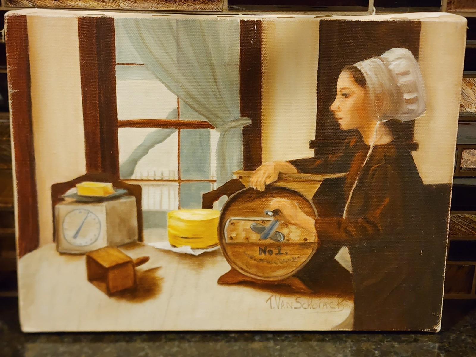 Amish Girl Churning Butter Oil on Canvas Painting 9×12 Thelma Van Schoiack
