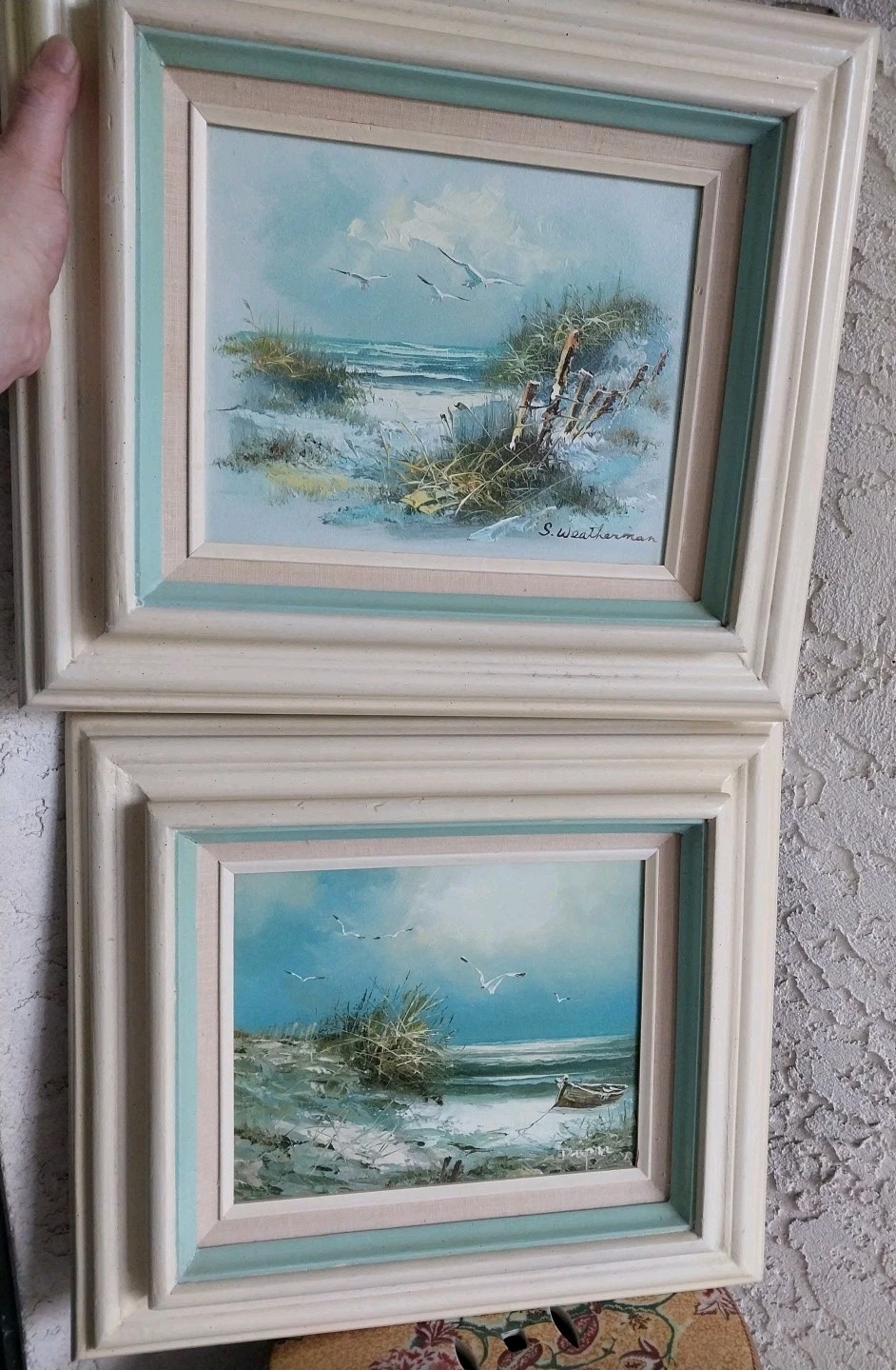 2 Vtg Coastal Oil Paintings S. Weatherman & Signed Beach Scenes 8×10 Framed Set