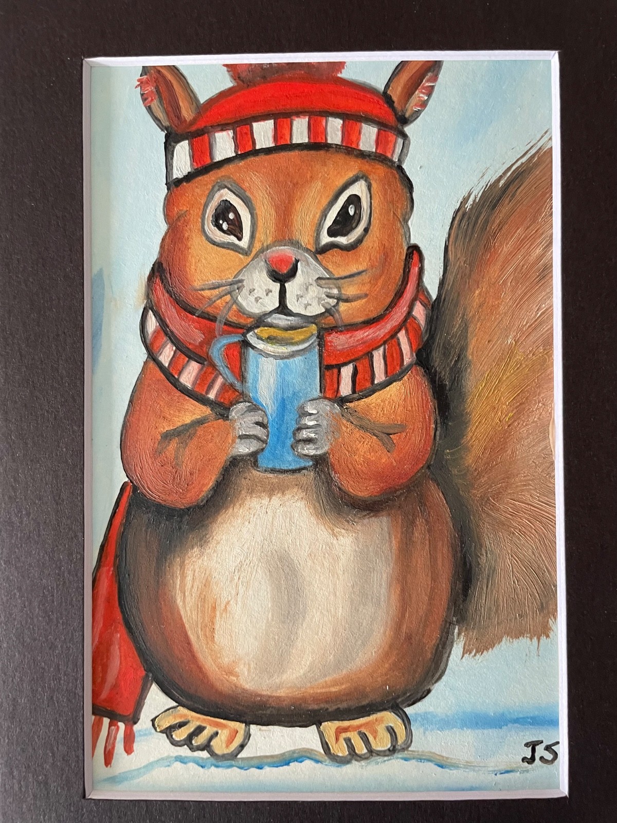 Original oil painting 5 x 7 in including black matte-Free Shipping- squirrel