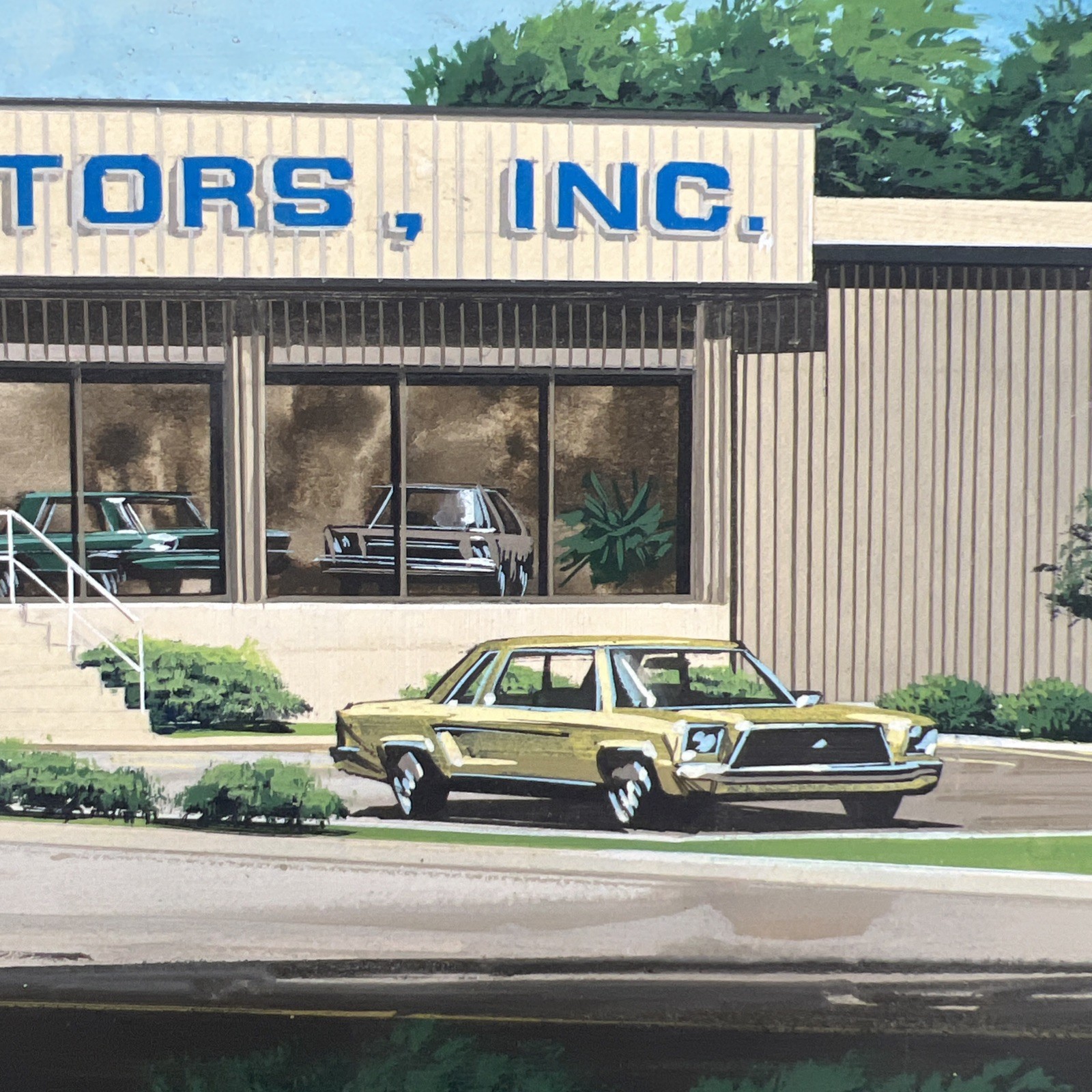Architectural Rendering, Original Painting, Signed. 1970s, CAR DEALERSHIP