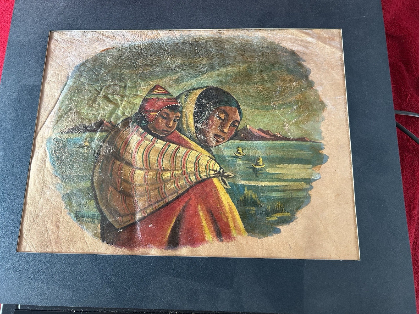 Bolivia Mother, Child, Ocean & Ships Realism Folk Art Painting on Leather