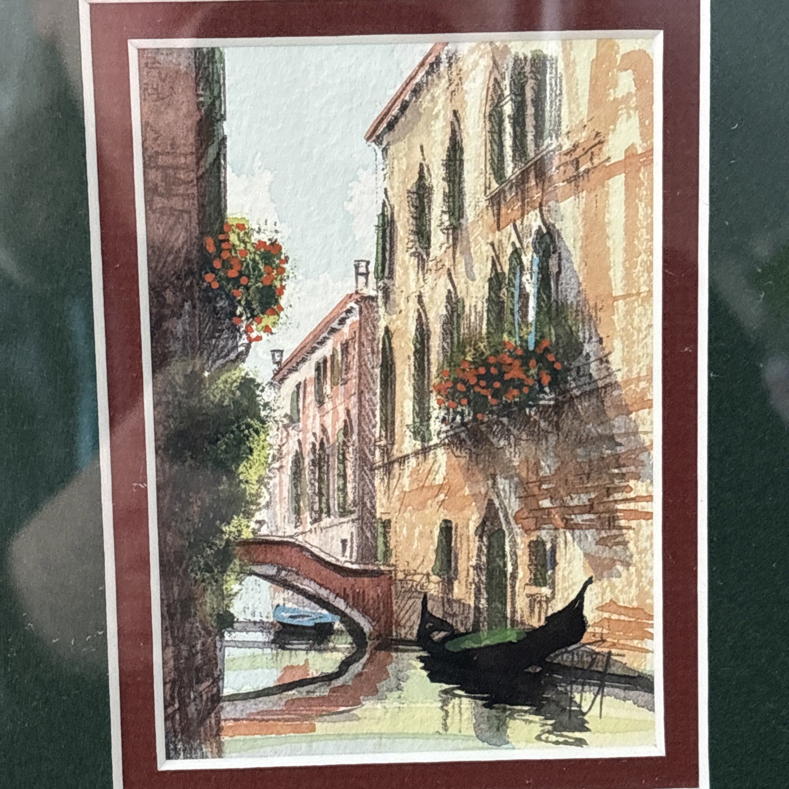 Venice Paintings Pair Signed Watercolor Gold Frame Vintage Canal Gondolier
