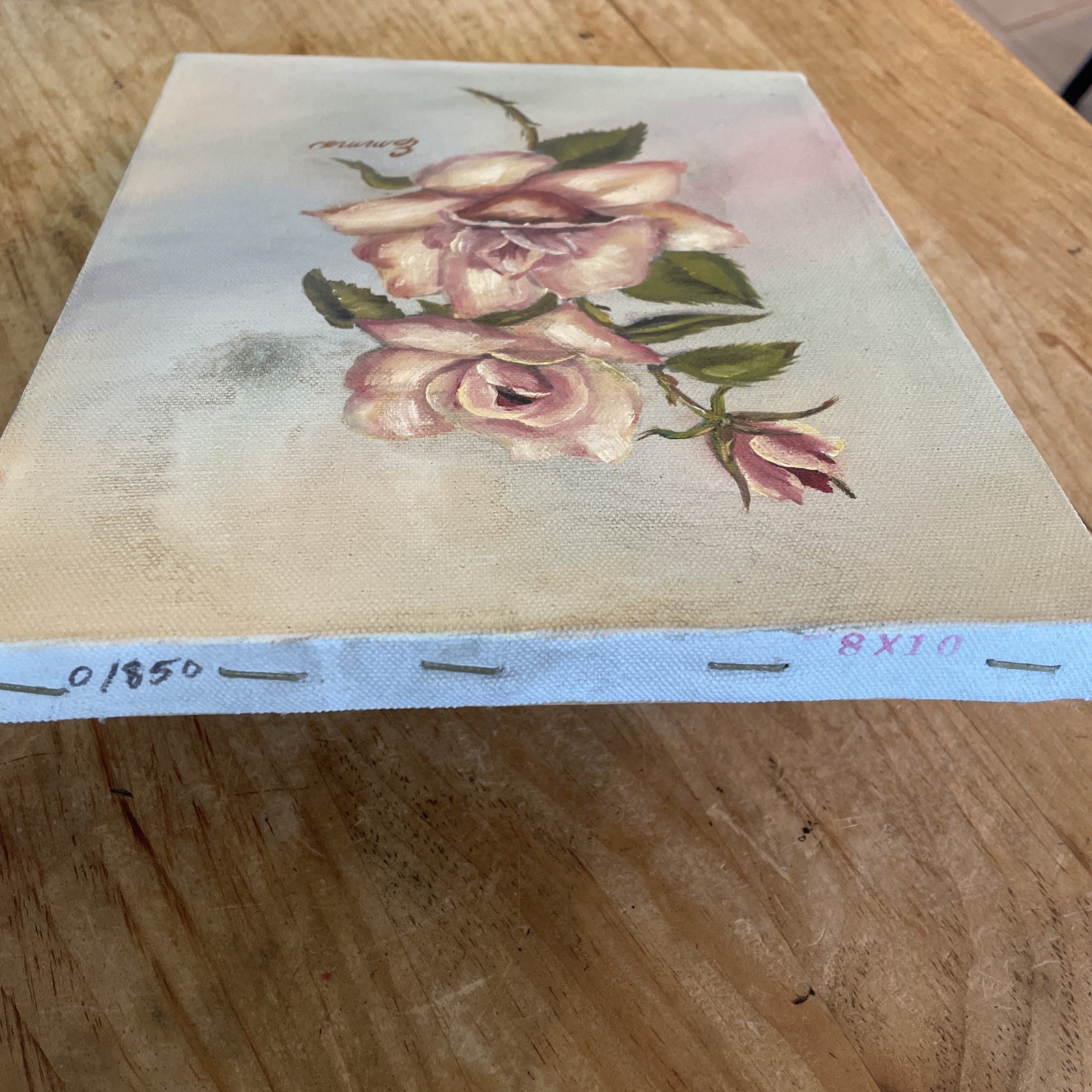 Vintage Hand Painted Pink Dusk Mauve Roses 8×10 Shabby Chic Cottage Core Romanti