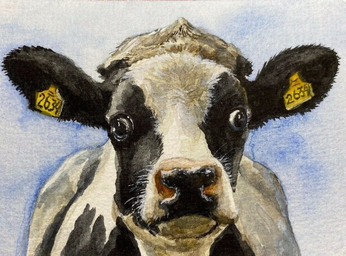 Watercolor Painting Cow Farm Animals Country ACEO Art .
