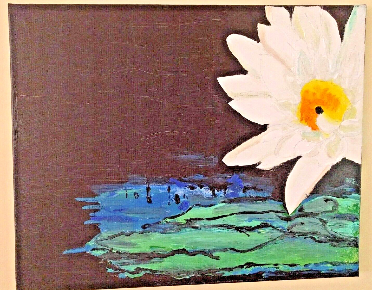 Painting: Night Flower original acrylic canvas black white green blue yellow