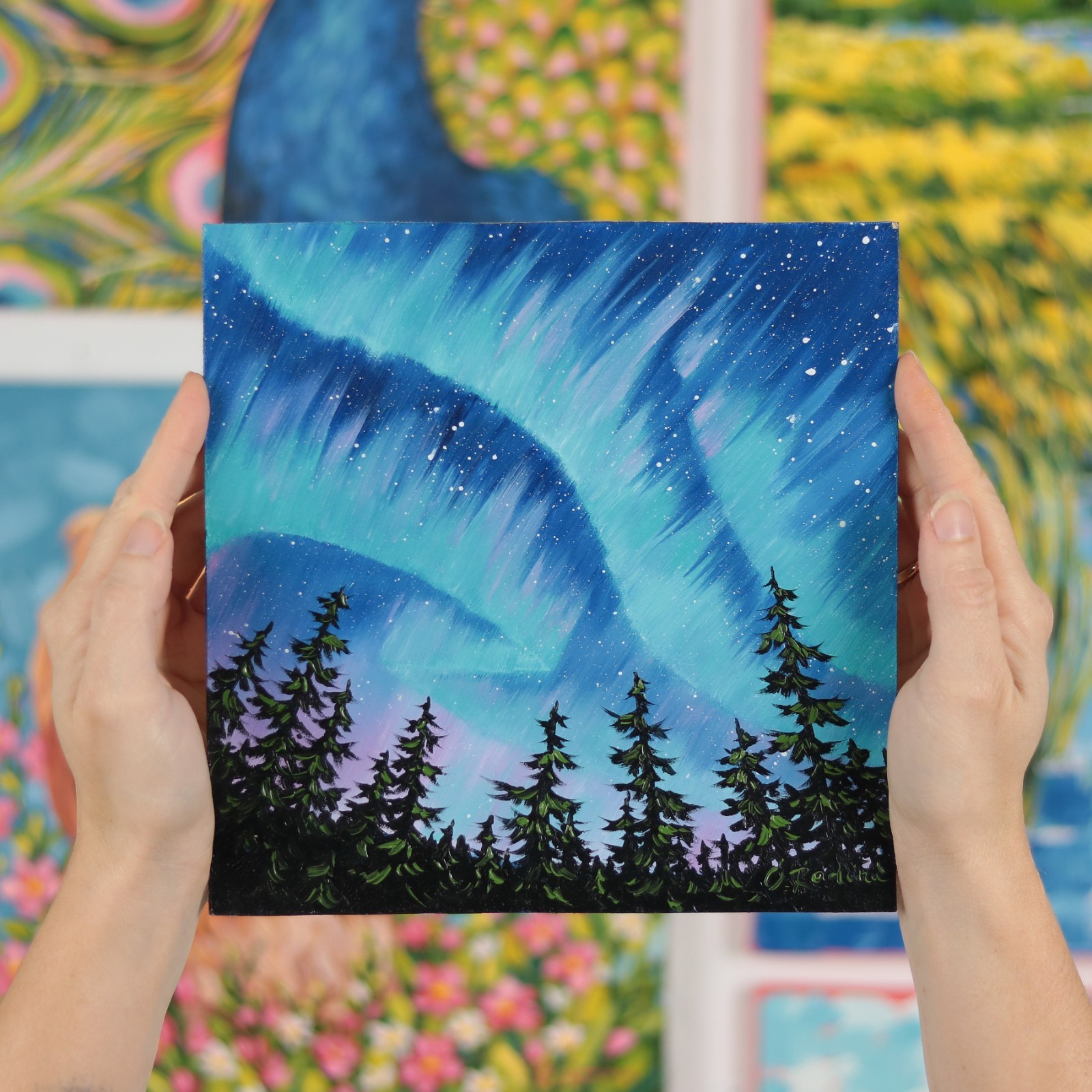Northern Lights Oil Painting Original Pine Trees Under Aurora Borealis Night 8×8