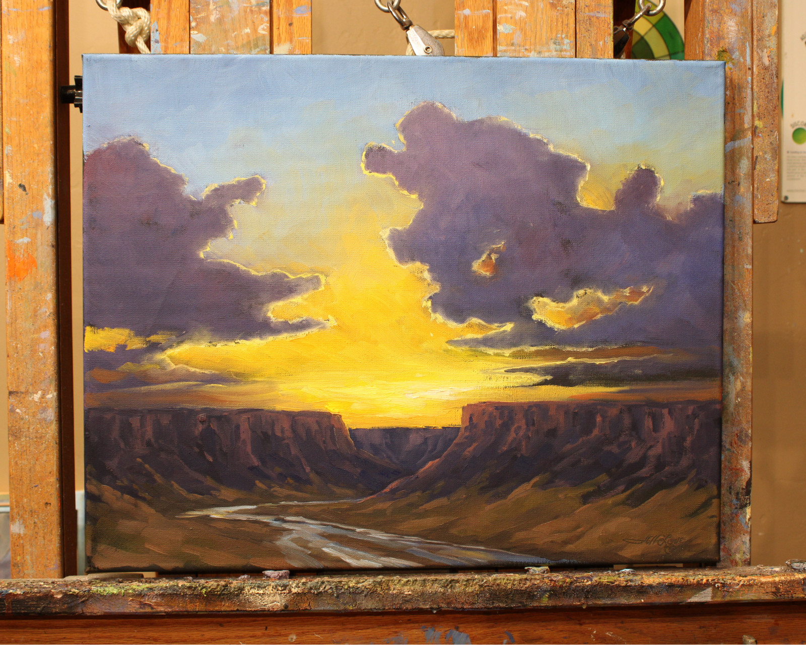 Jeff Love Art 16X20″ Original Oil Painting Canyon Cliff Bright Sunset River Sky