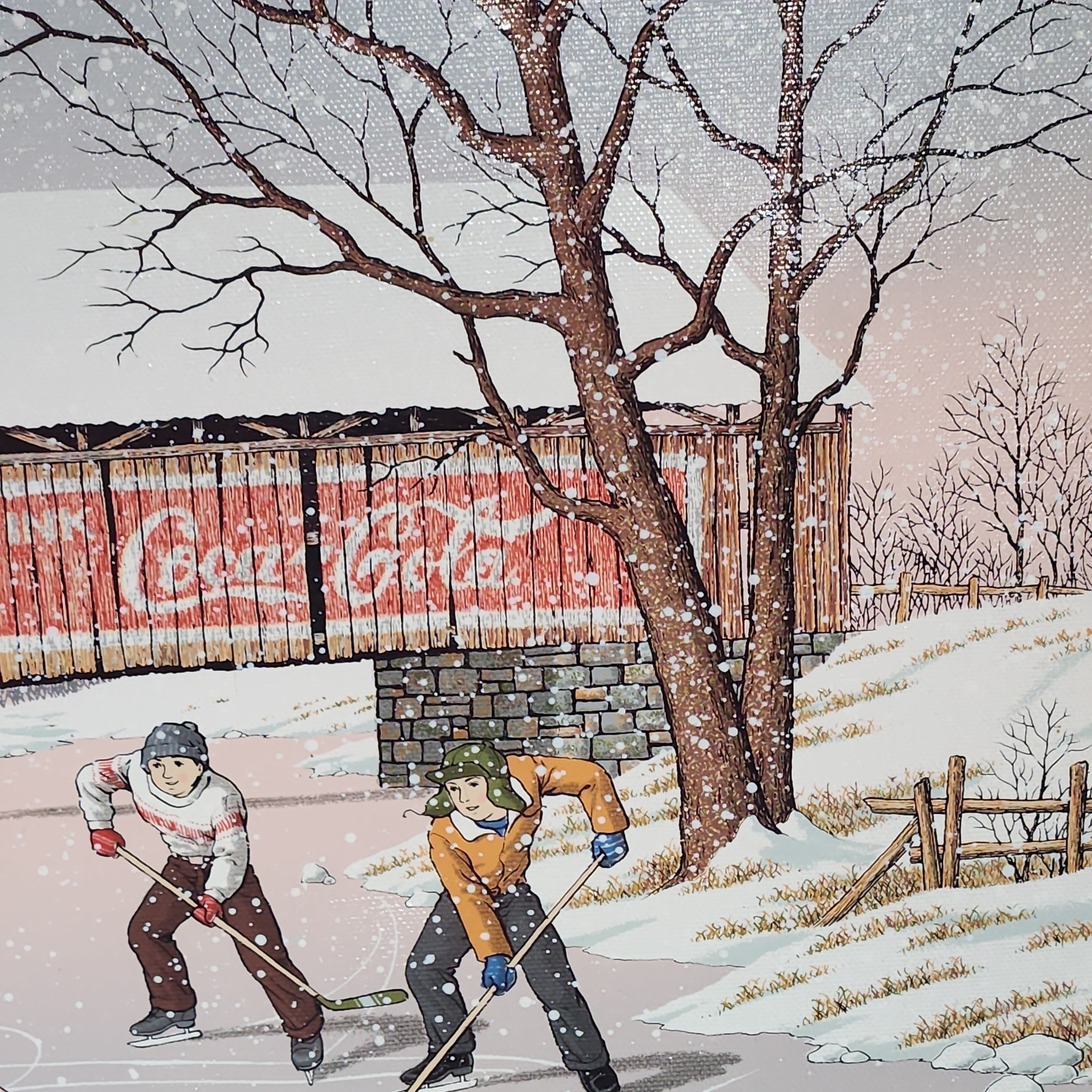 Coca-Cola Snow Scene by C. Carson Winter Hockey Painting Framed Barn Signed
