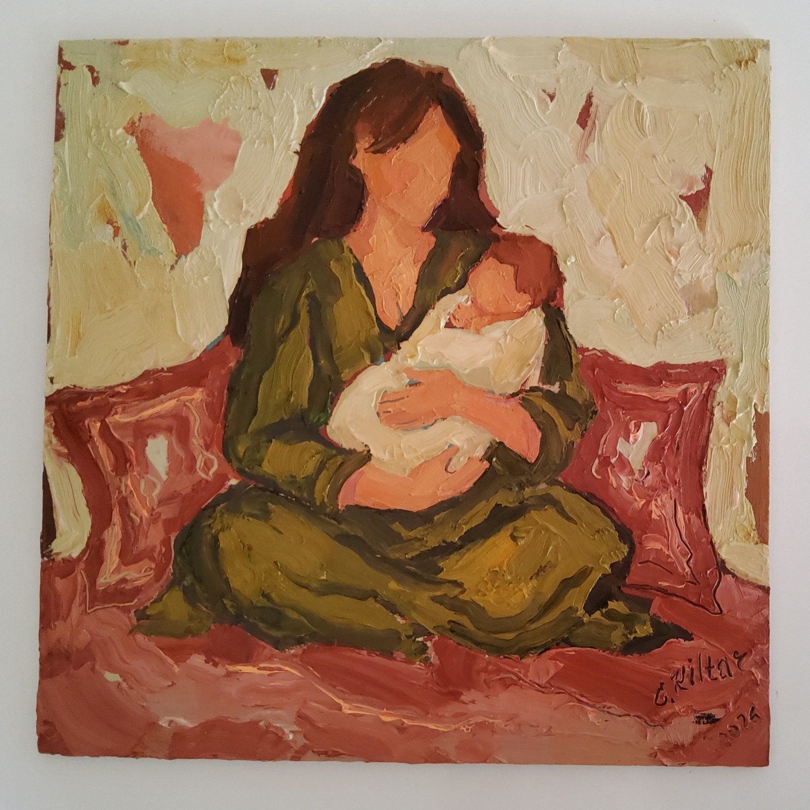 Mother with Baby Painting Original Oil Art Multicolor Modern Small Hand Painted